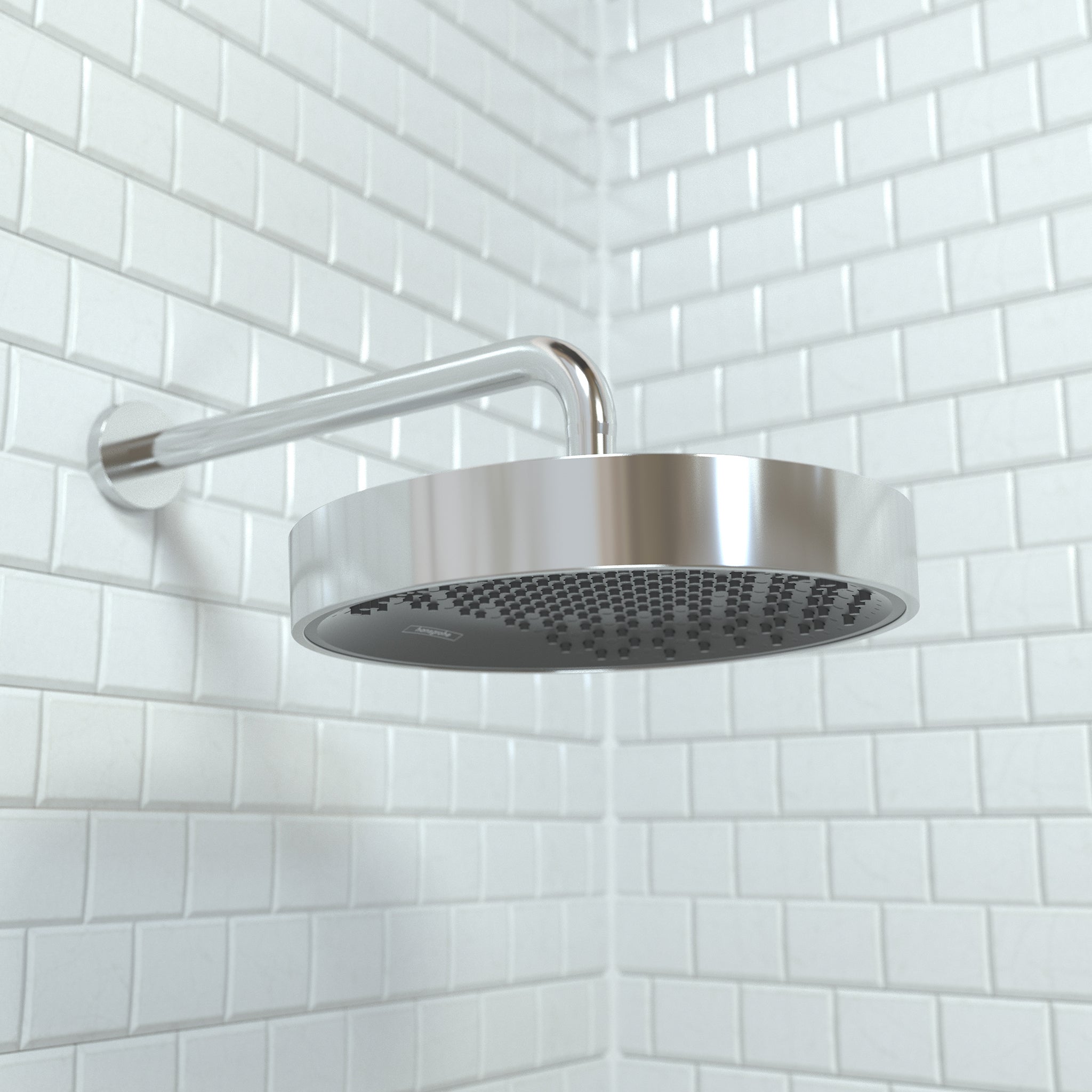 Chrome rainfall shower head with round face and curved arm mounted on white subway tile wall.