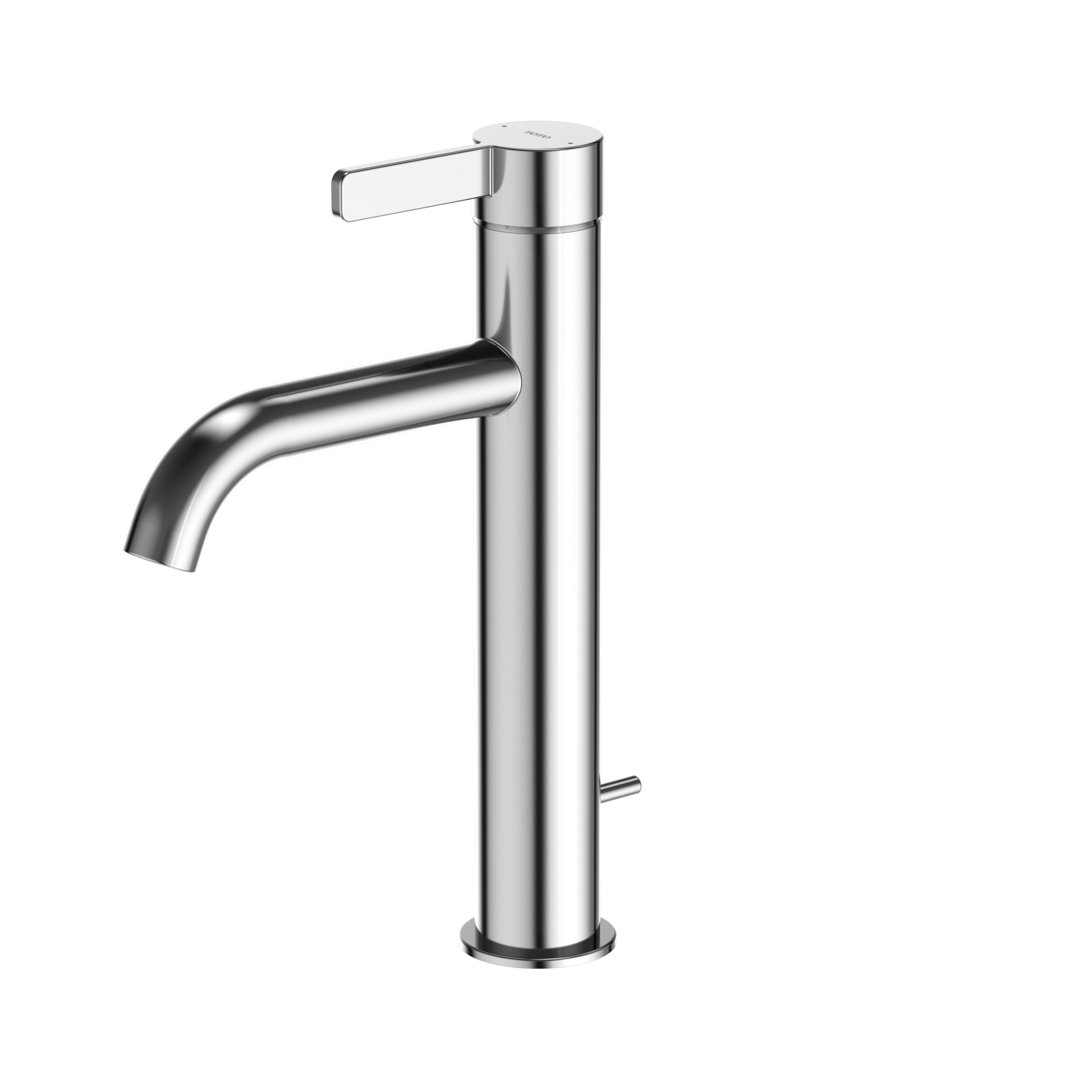 Polished chrome single-handle bathroom faucet with tall cylindrical spout and lever control.