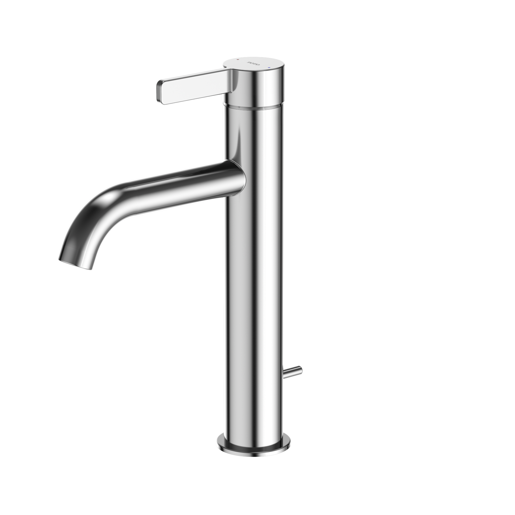 Polished chrome single-handle bathroom faucet with tall cylindrical spout and lever control.