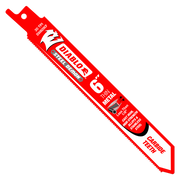 Diablo red steel reciprocating saw blade with fine teeth and mounting hole, labeled for thin metal cutting.