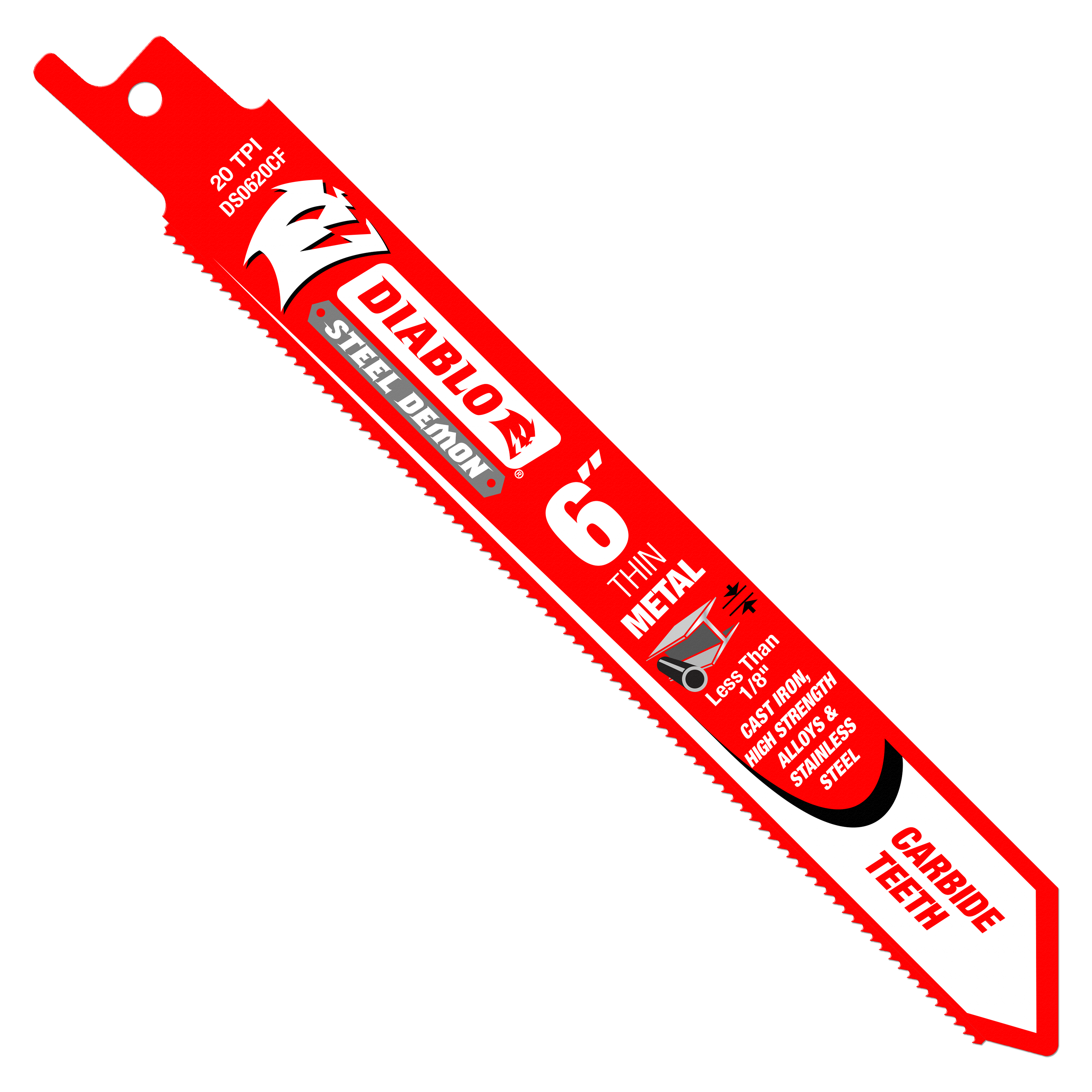 Diablo red steel reciprocating saw blade with fine teeth and mounting hole, labeled for thin metal cutting.