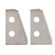 Two metal router knife blades with angled profiles and two mounting holes each.