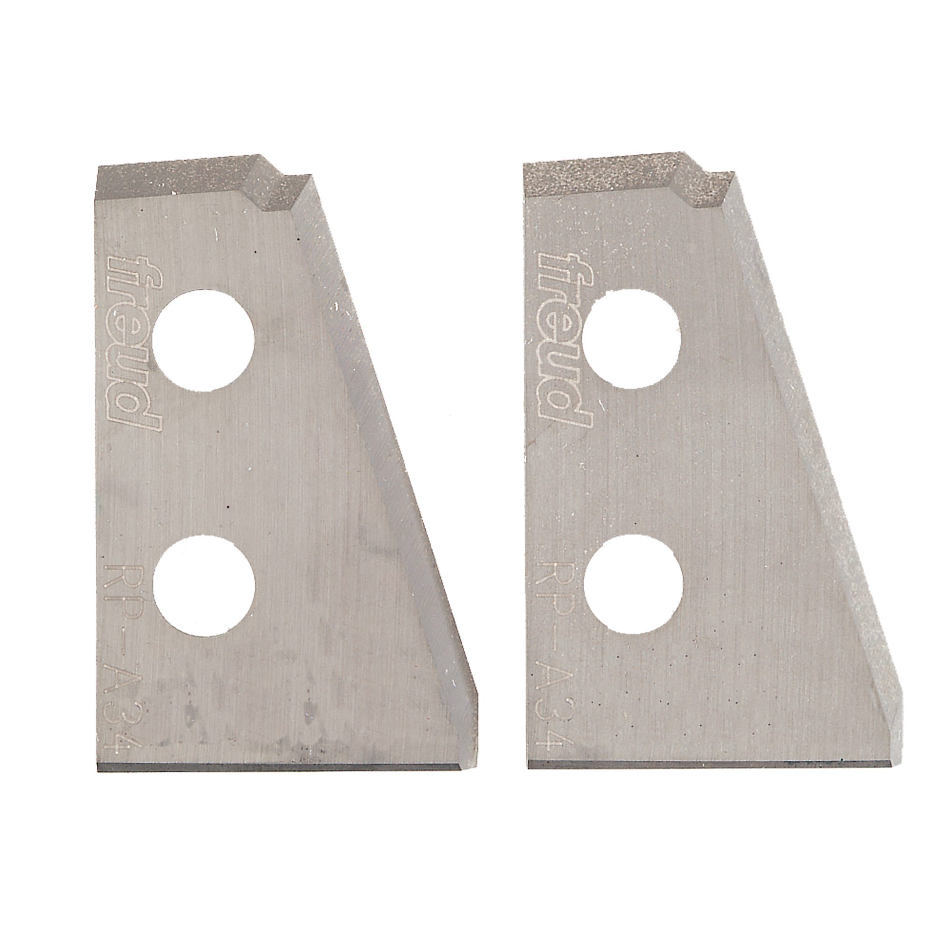 Two metal router knife blades with angled profiles and two mounting holes each.