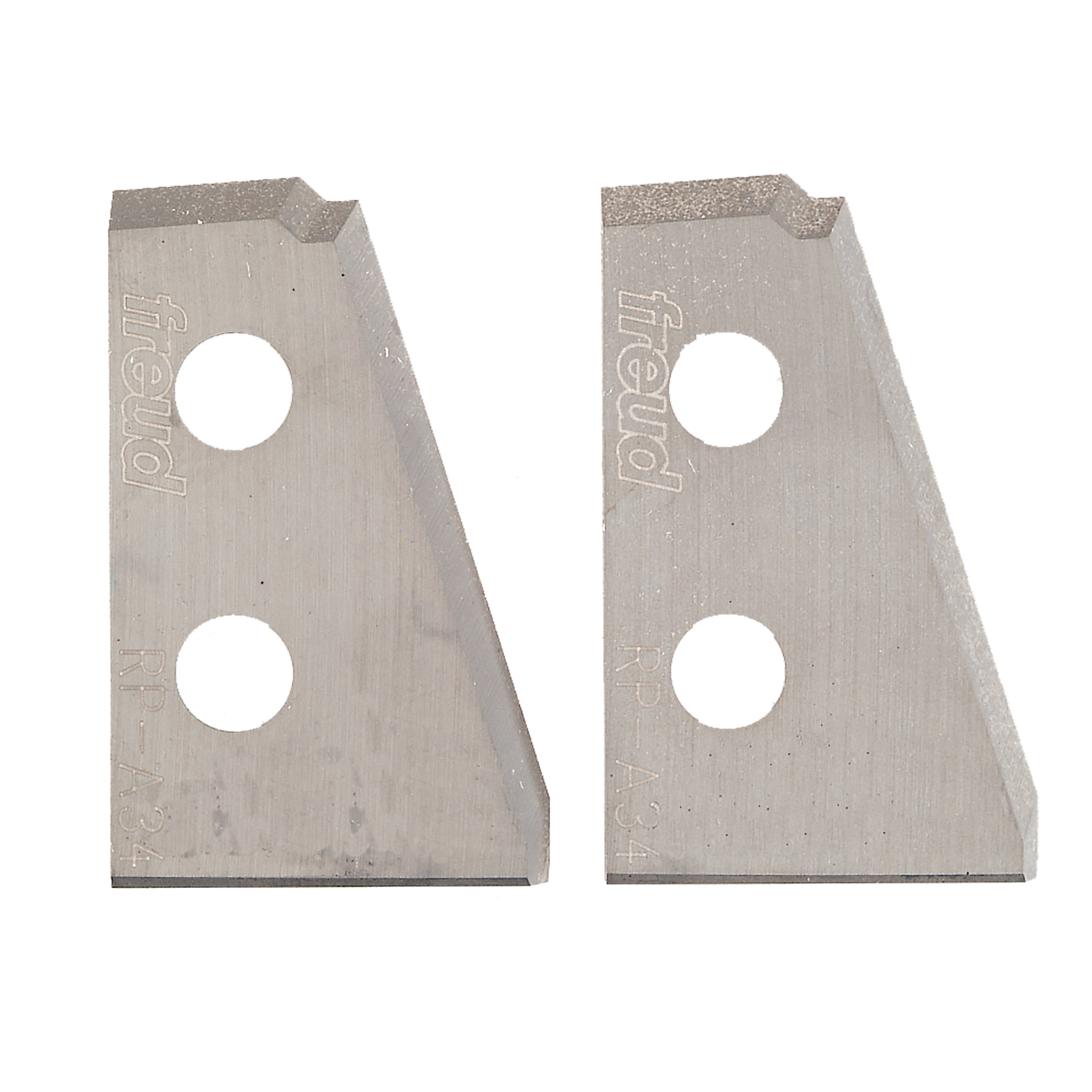 Two metal router knife blades with angled profiles and two mounting holes each.