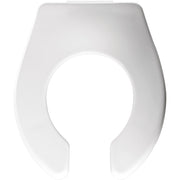 White commercial toilet seat with open front design and rounded edges on white background.