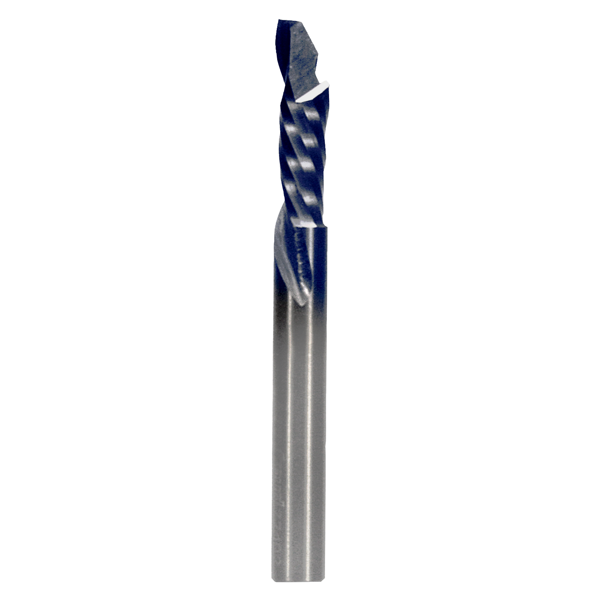 Freud 77-102 1/4" single compression router bit with blue cutting edges and silver fluted shank.