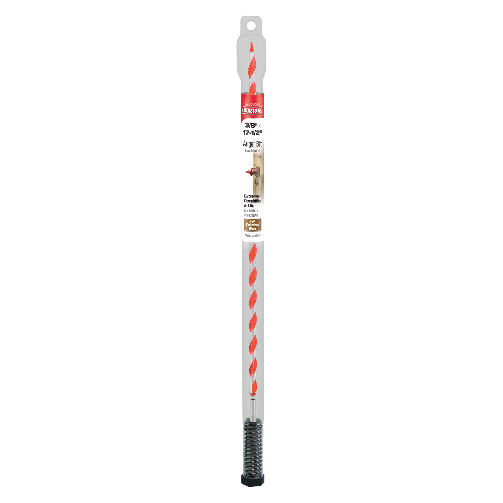 Diablo 3/8 inch by 17-1/2 inch auger bit with red flutes, gray shaft, and black threaded base.
