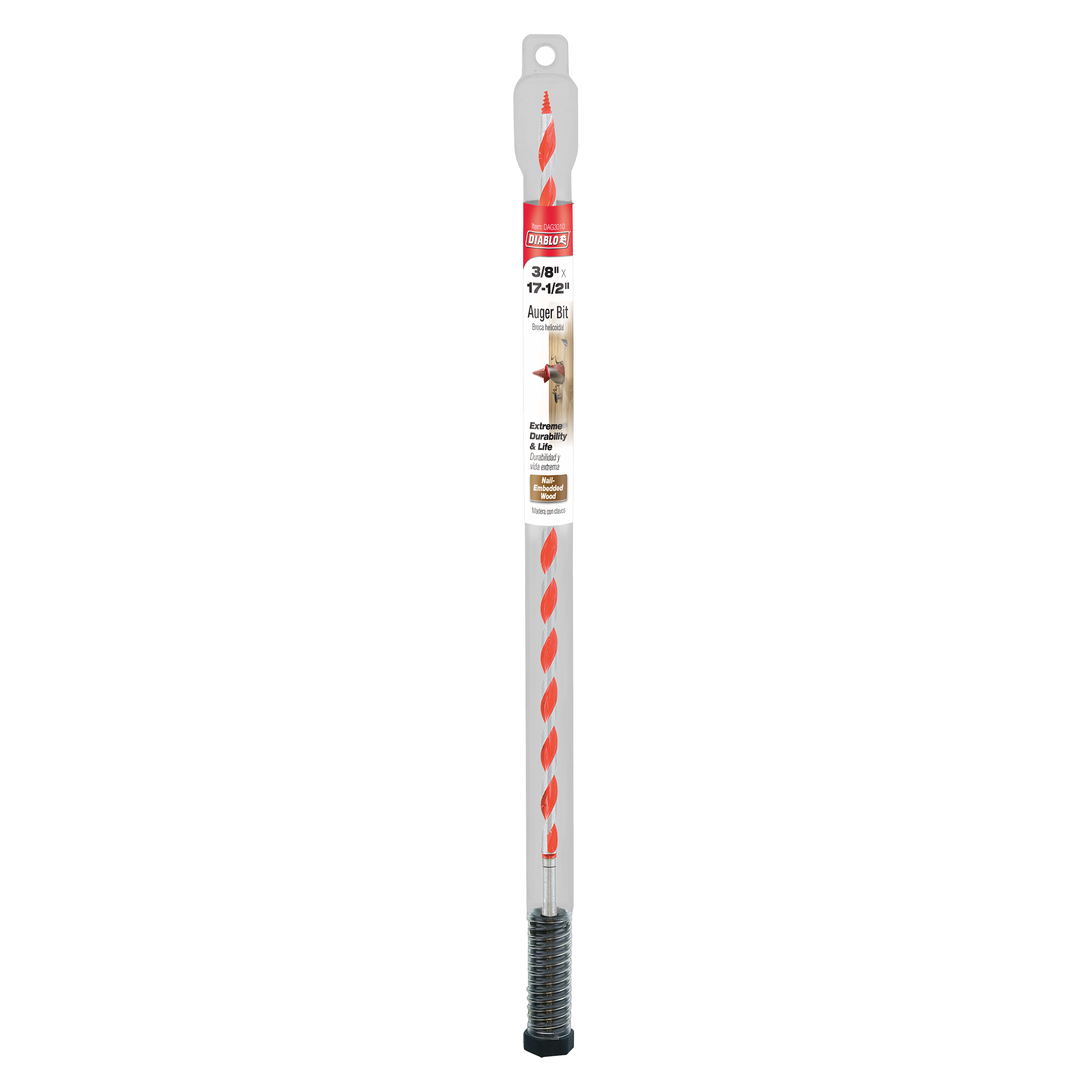 Diablo 3/8 inch by 17-1/2 inch auger bit with red flutes, gray shaft, and black threaded base.