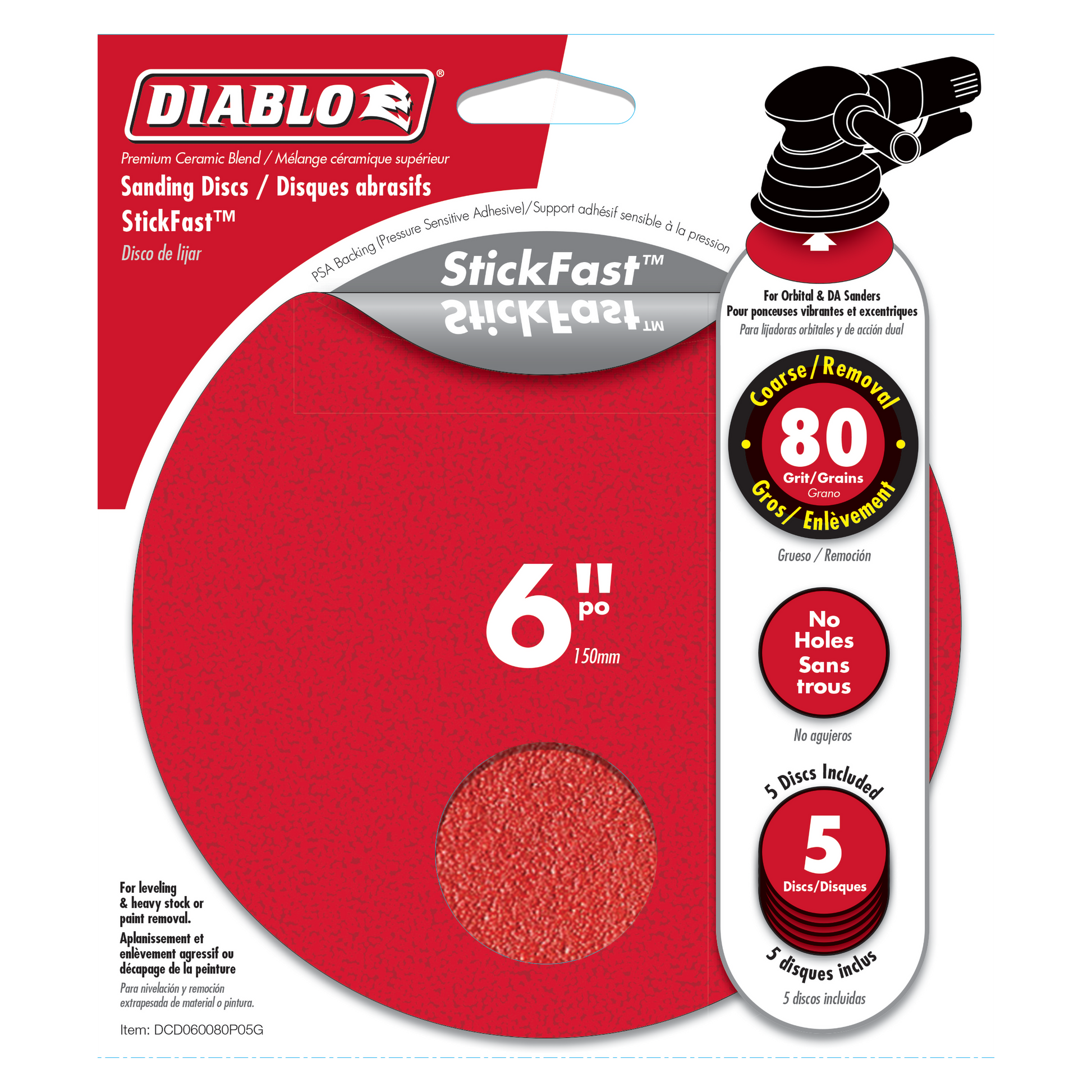 Five 6-inch round sanding discs with 80-grit ceramic coating and adhesive backing on red packaging.