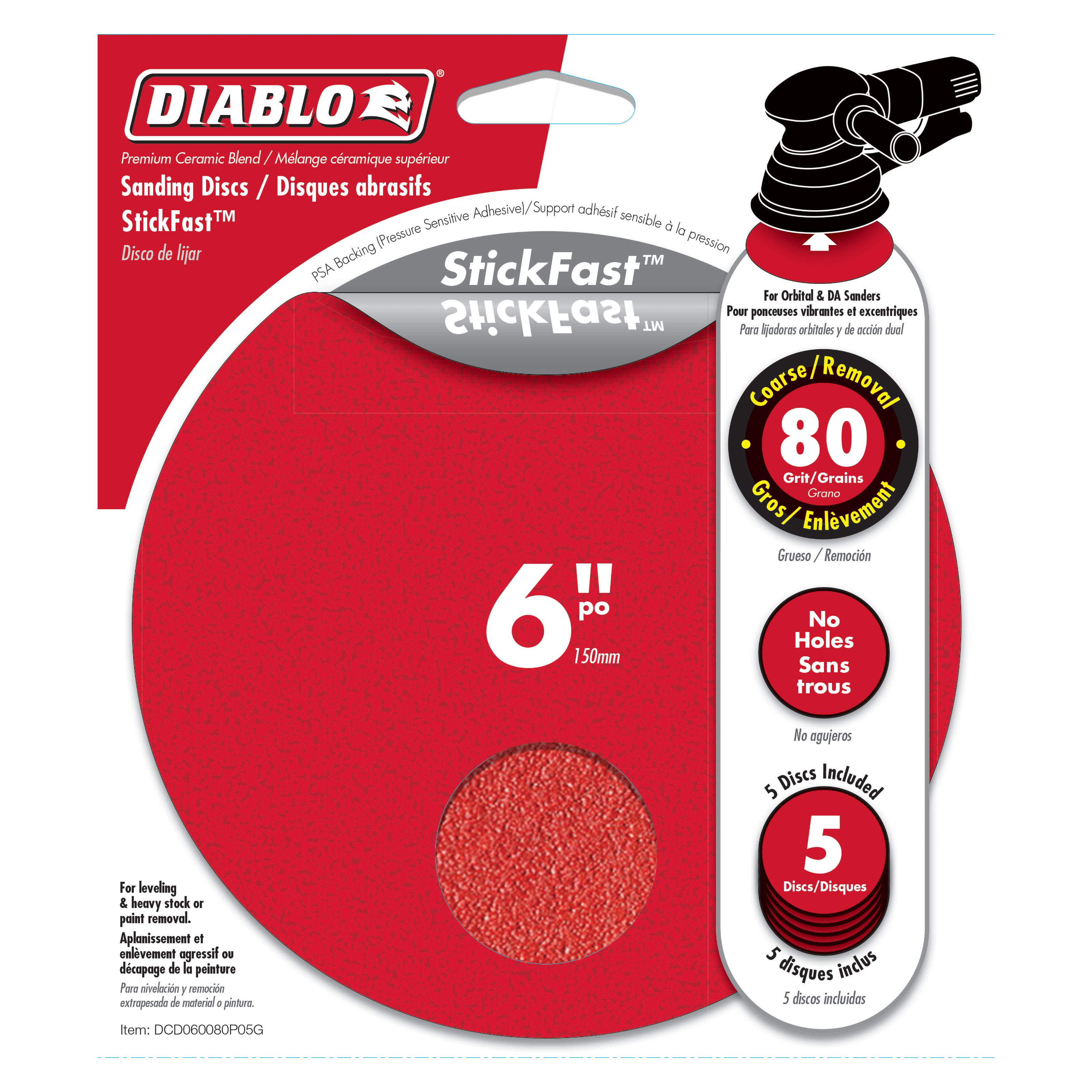 Five 6-inch round sanding discs with 80-grit ceramic coating and adhesive backing on red packaging.