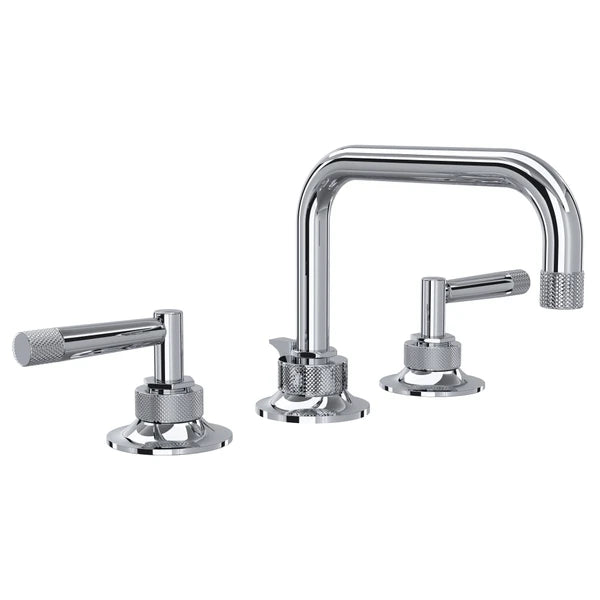 Polished chrome widespread bathroom faucet with U-shaped spout and two lever handles with knurled grips.