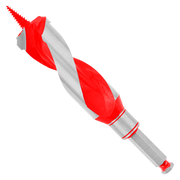 Red and gray auger bit with spiral flutes and pointed tip for drilling wood.
