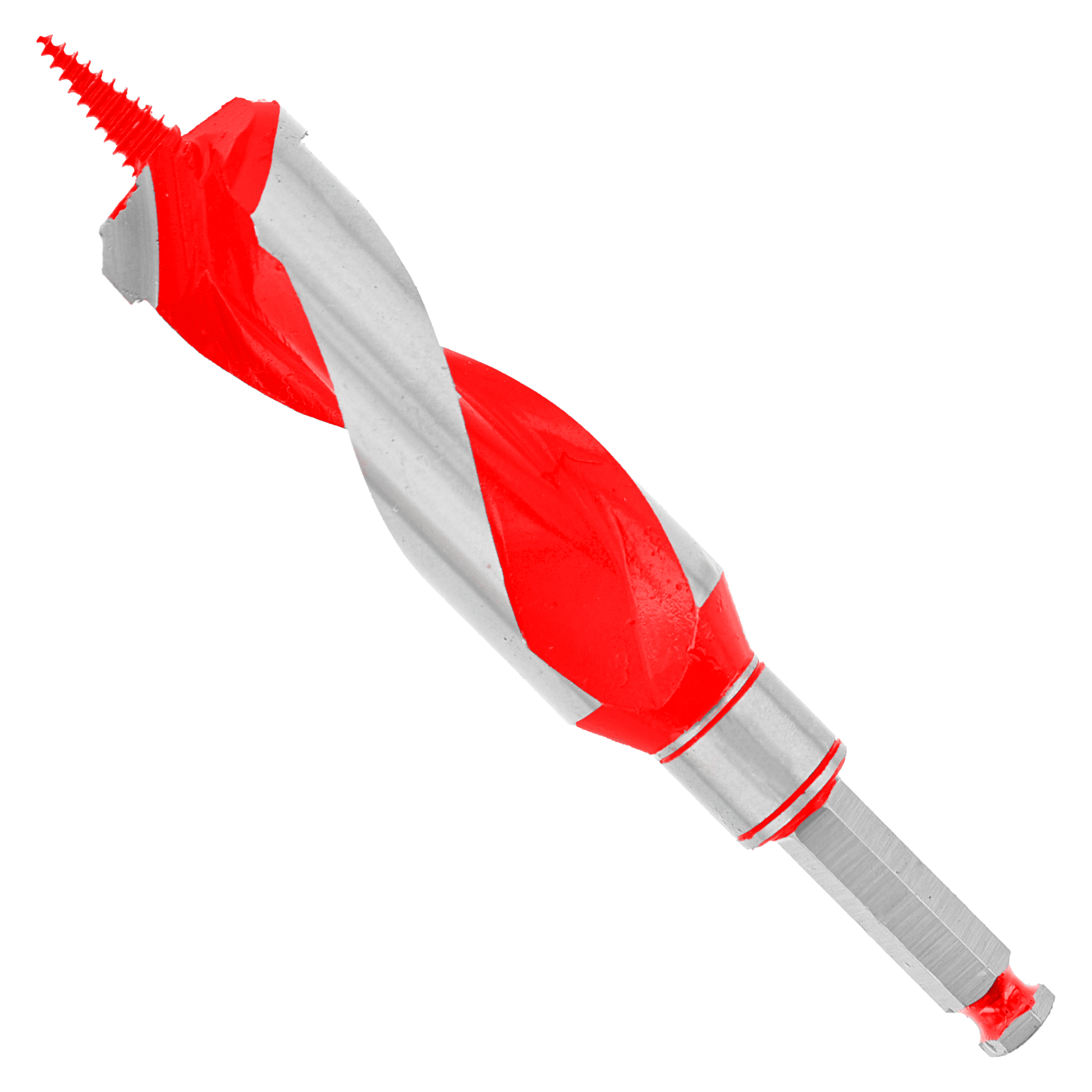 Red and gray auger bit with spiral flutes and pointed tip for drilling wood.