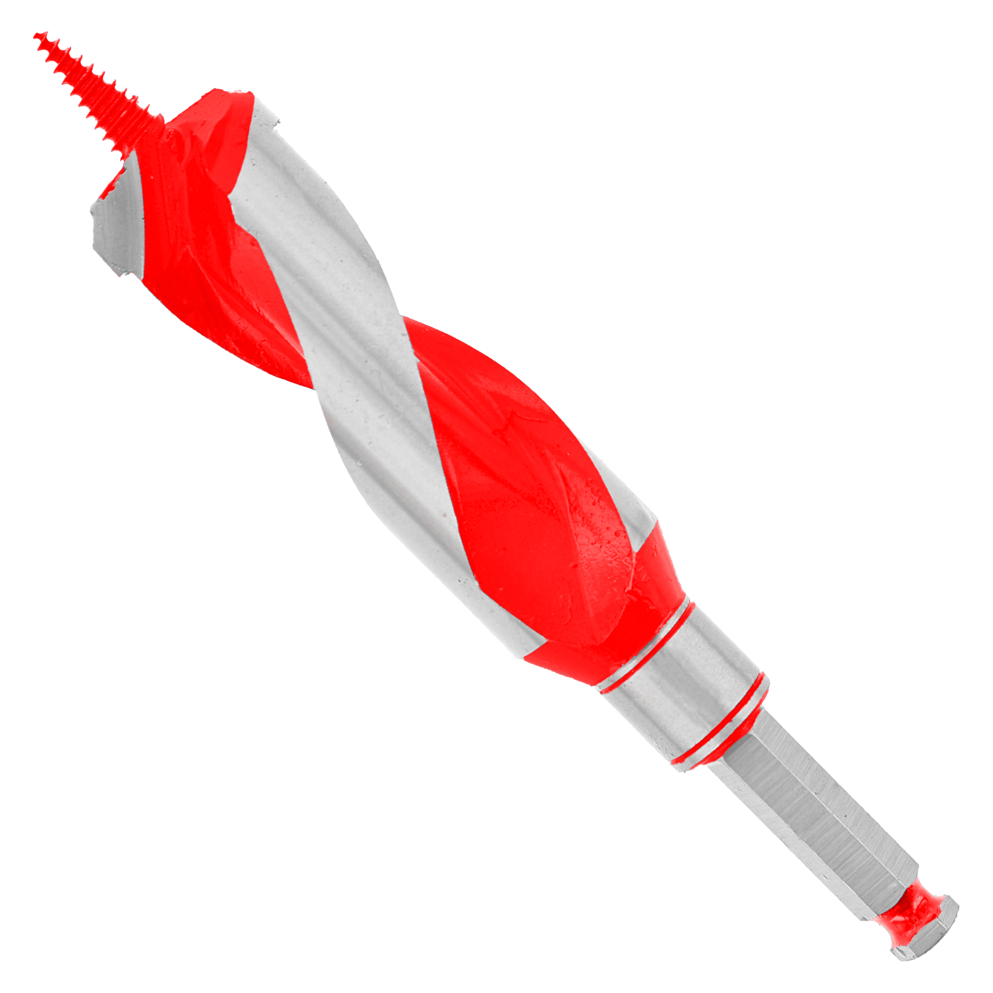 Red and gray auger bit with spiral flutes and pointed tip for drilling wood.
