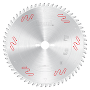 Silver circular saw blade with carbide-tipped teeth around perimeter, center bore, and "Freud" branding with red markings.