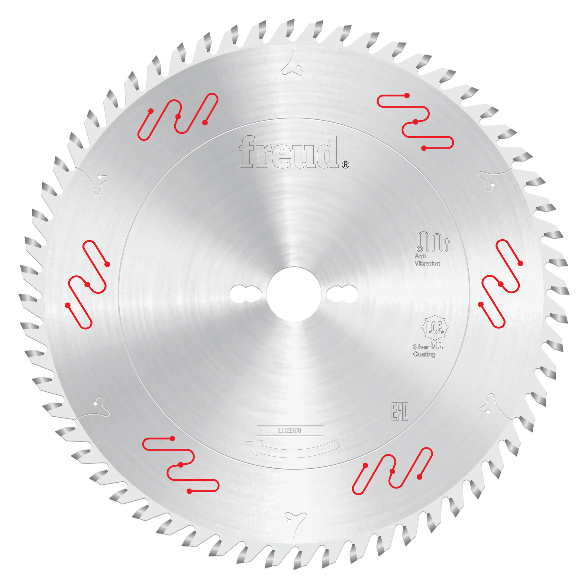 Silver circular saw blade with carbide-tipped teeth around perimeter, center bore, and "Freud" branding with red markings.