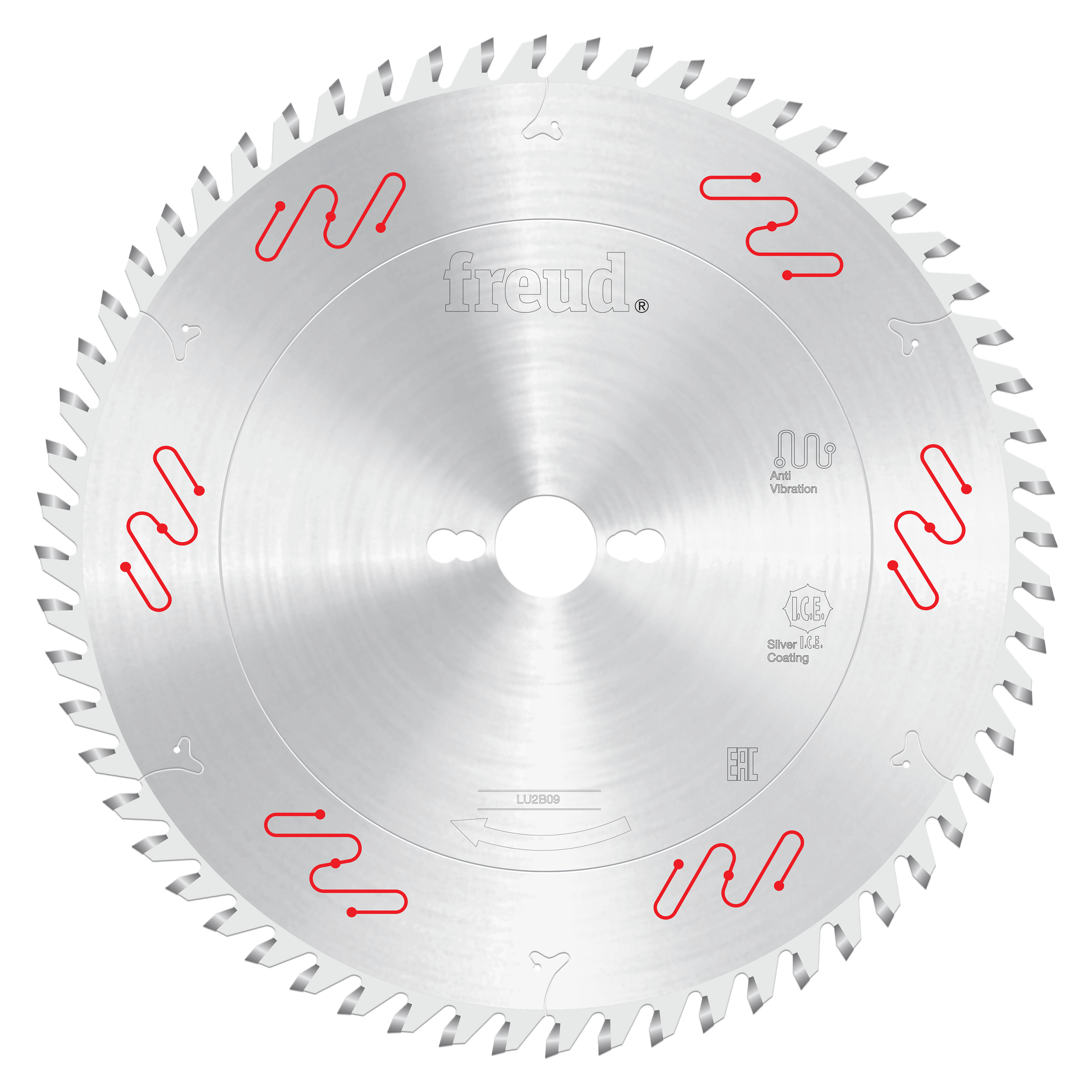 Silver circular saw blade with carbide-tipped teeth around perimeter, center bore, and "Freud" branding with red markings.