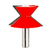 Red router bit with wide crown molding profile and metal shank on white background.