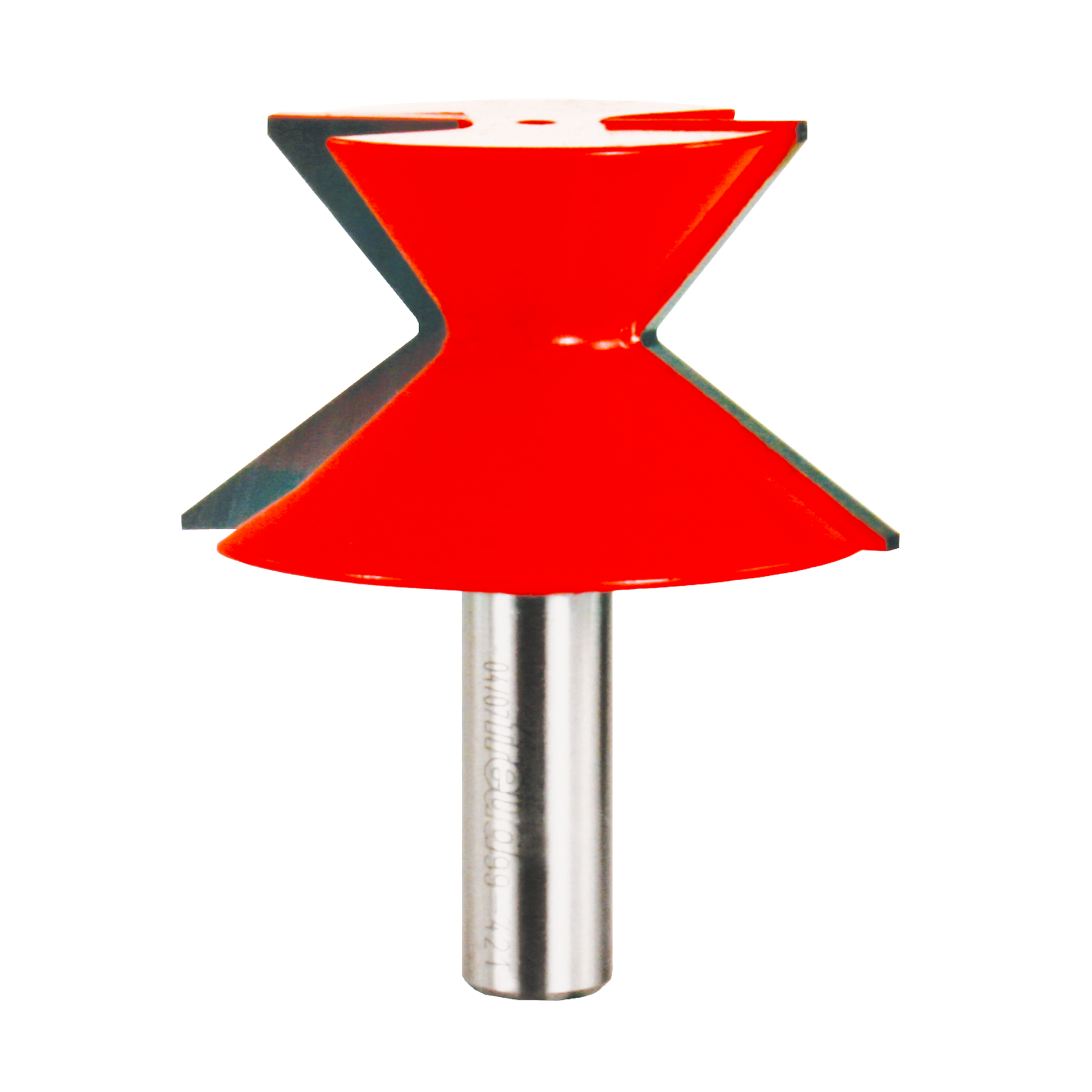 Red router bit with wide crown molding profile and metal shank on white background.