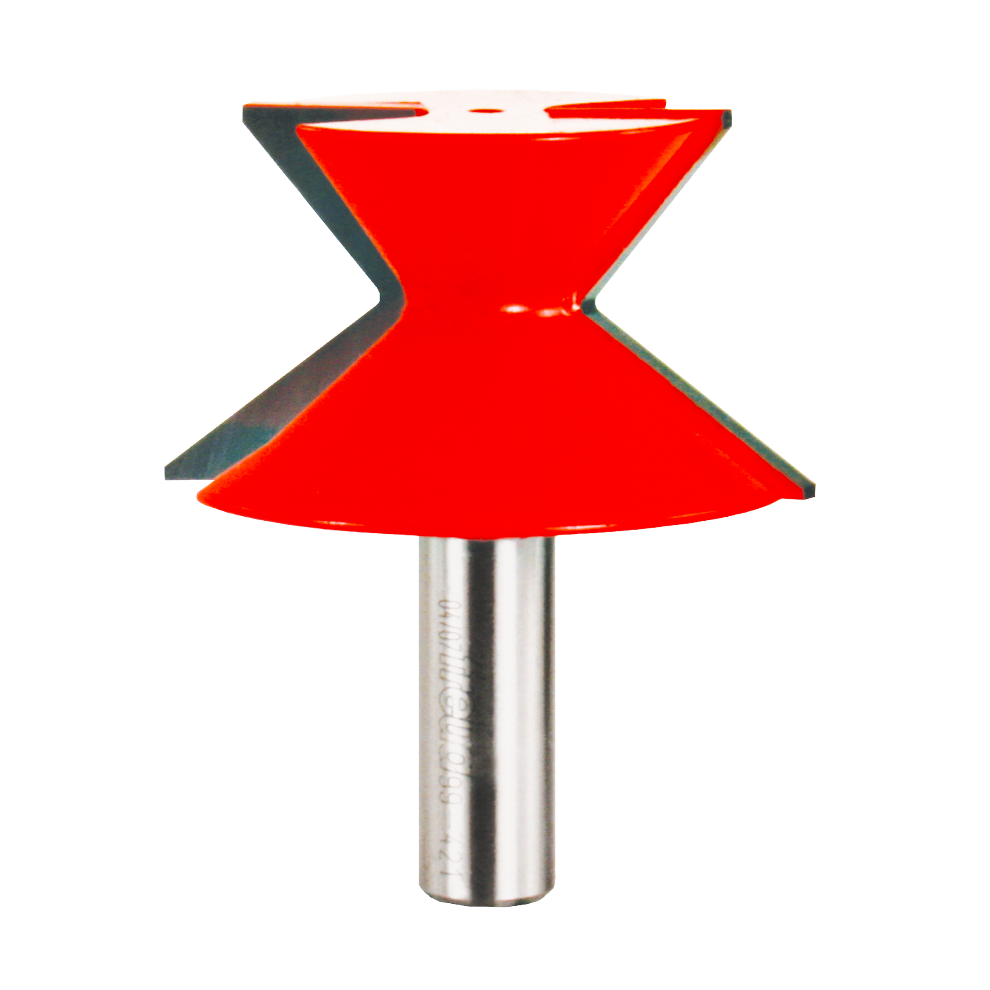 Red router bit with wide crown molding profile and metal shank on white background.