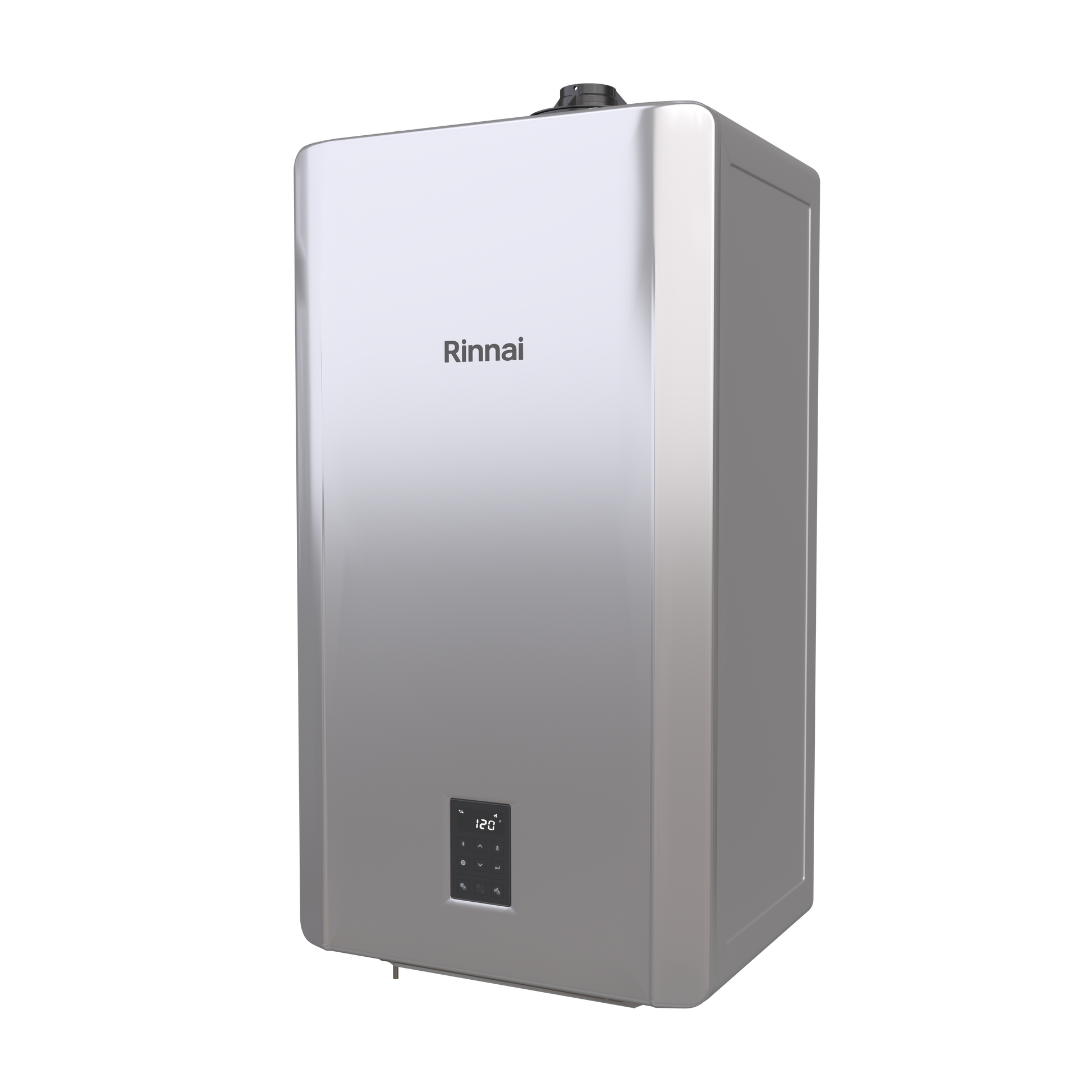 Rinnai condensing combination boiler with white and gray exterior and digital control panel on front.
