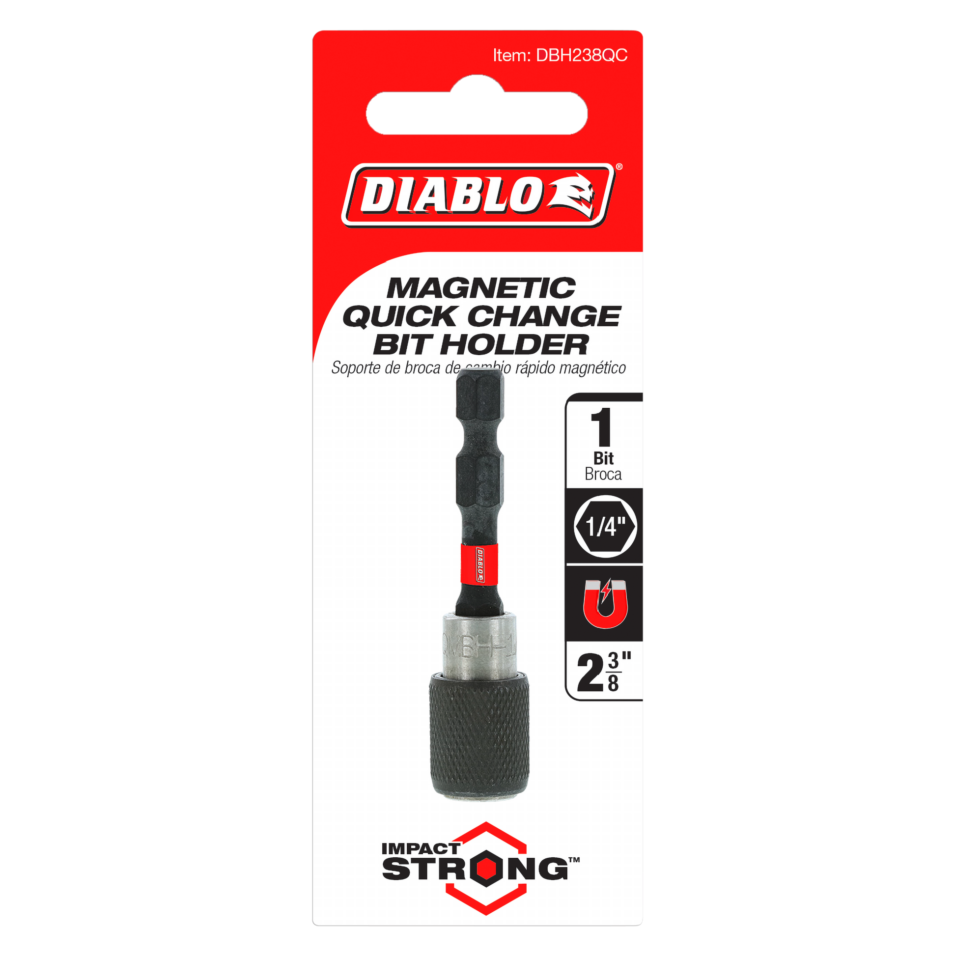Diablo magnetic quick-change bit holder with 1/4" drive, 2-3/8" length, black grip and red accents on packaging.