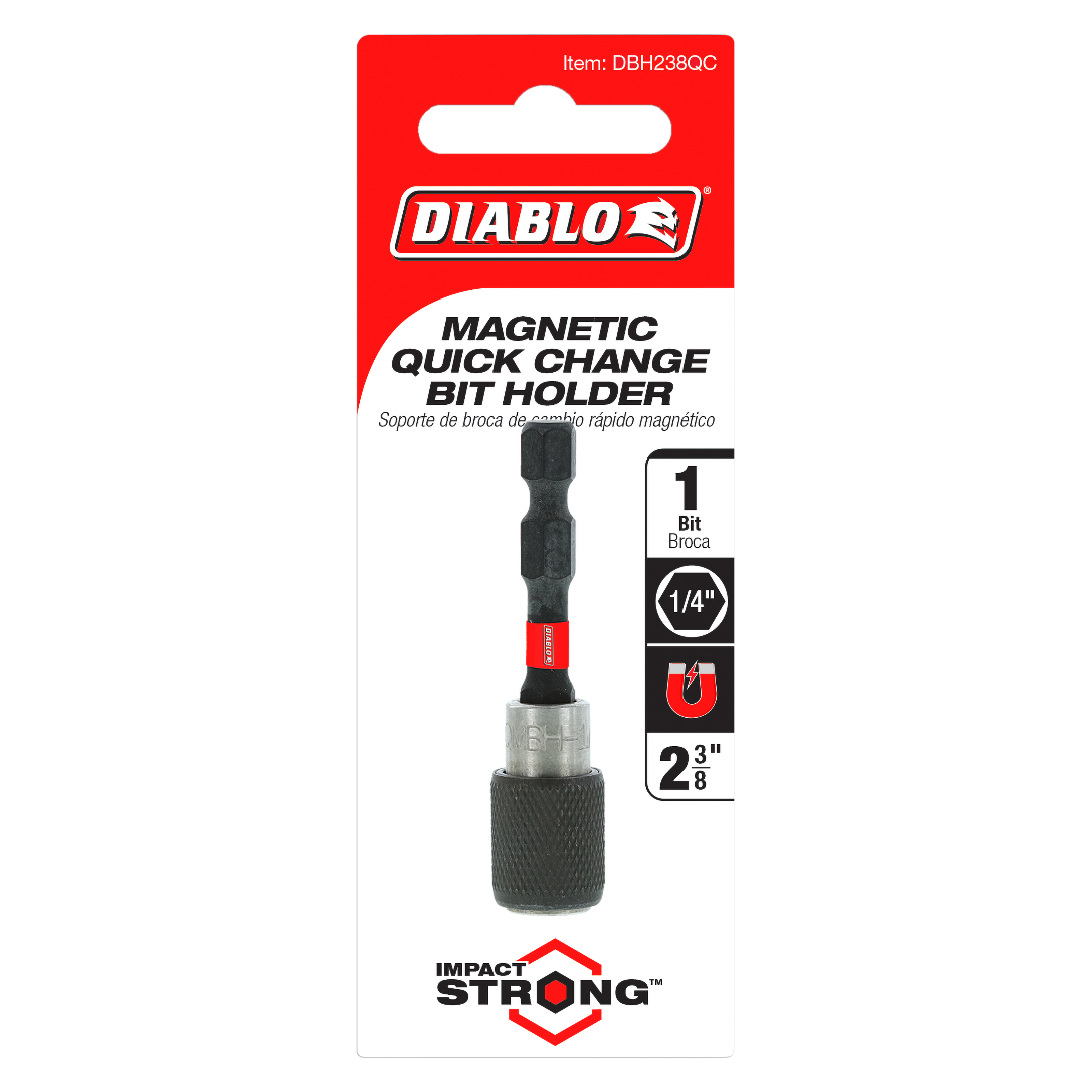 Diablo magnetic quick-change bit holder with 1/4" drive, 2-3/8" length, black grip and red accents on packaging.