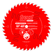 Freud 10-inch circular saw blade with 40 carbide teeth, red body with silver-tipped teeth and white text specifications.