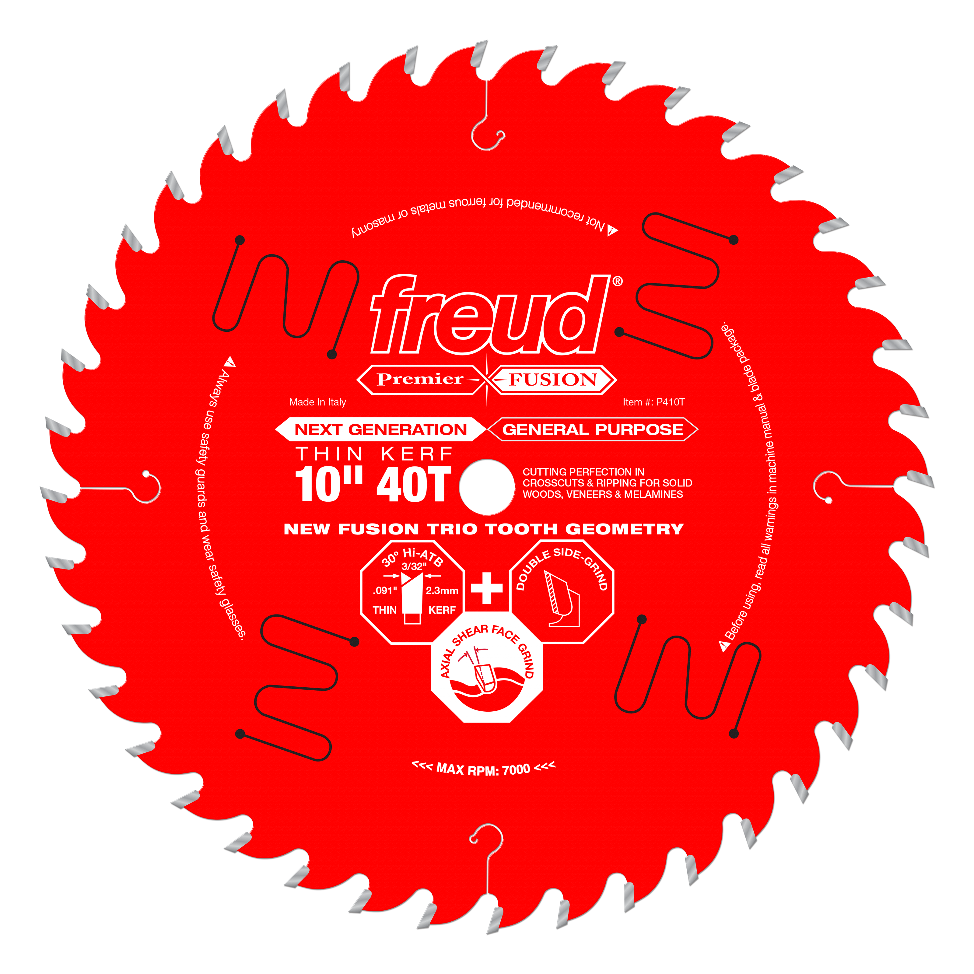 Freud 10-inch circular saw blade with 40 carbide teeth, red body with silver-tipped teeth and white text specifications.