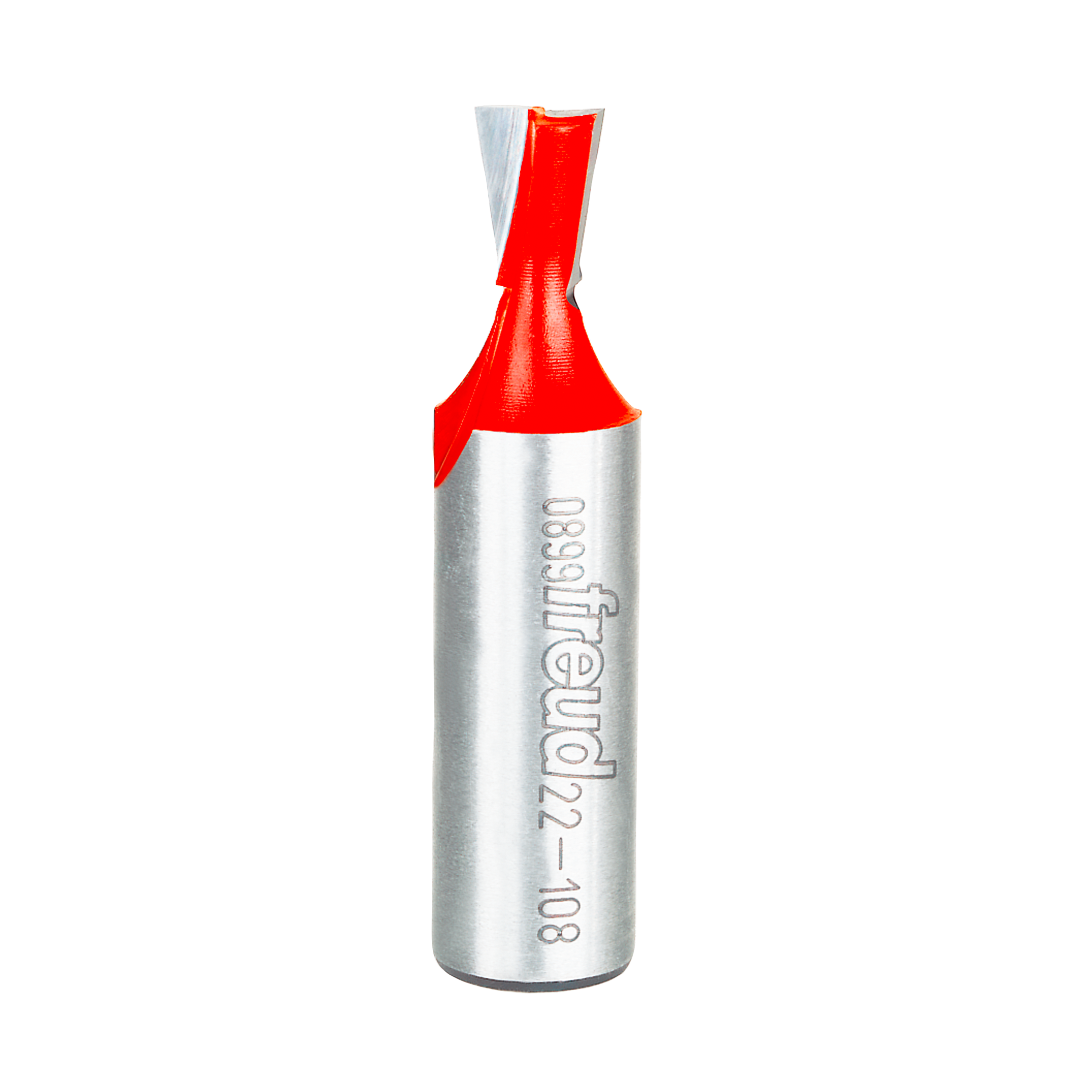 Freud 22-108 dovetail router bit with red cutting head and silver cylindrical shank marked with model number.