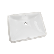 Cotton white rectangular undermount bathroom sink with single drain hole and rounded interior corners.