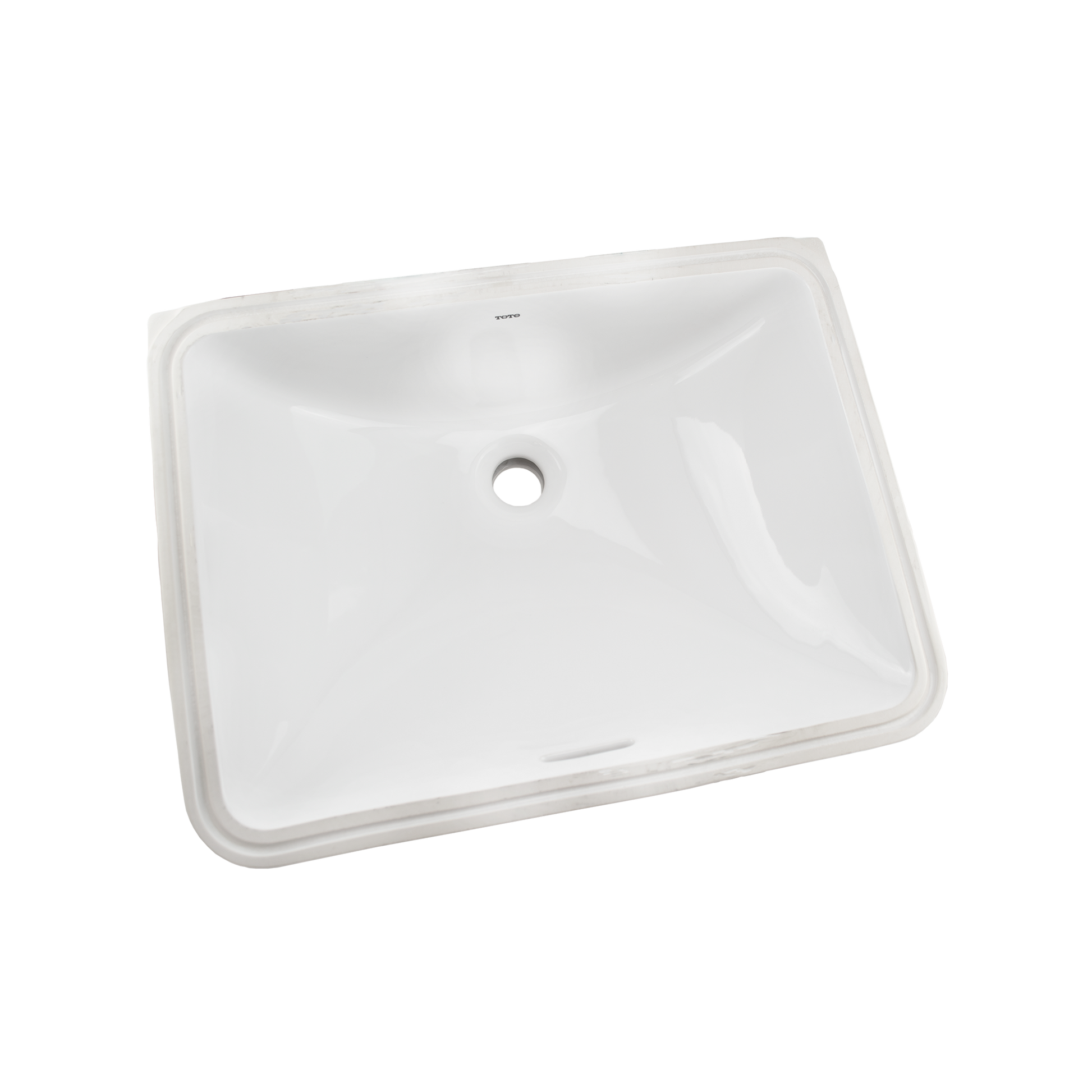 Cotton white rectangular undermount bathroom sink with single drain hole and rounded interior corners.