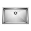 Stainless steel undermount single bowl kitchen sink with drain hole, rectangular shape.