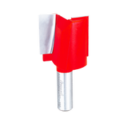 Red and silver router bit with double flutes and straight cutting edges on cylindrical shank.