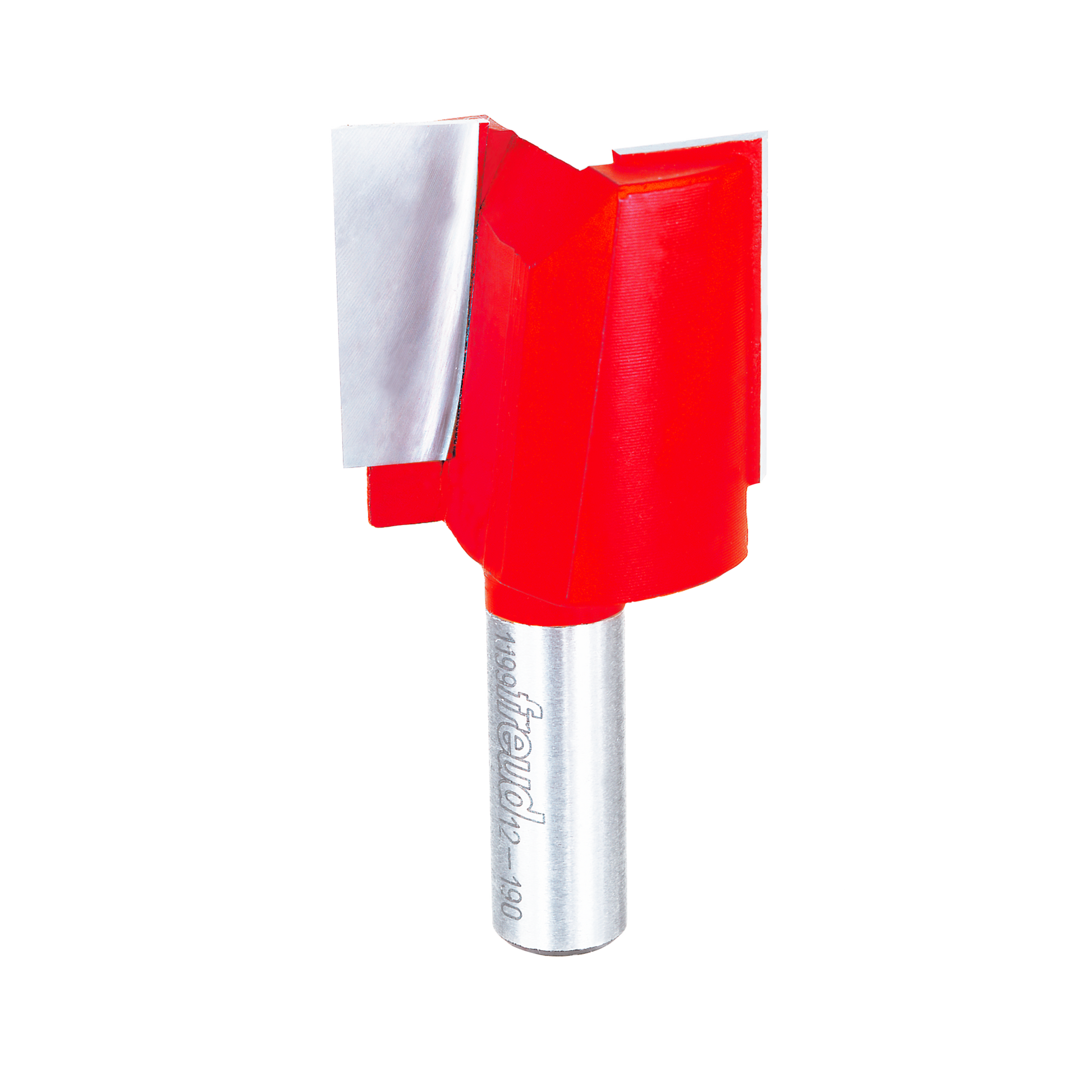 Red and silver router bit with double flutes and straight cutting edges on cylindrical shank.
