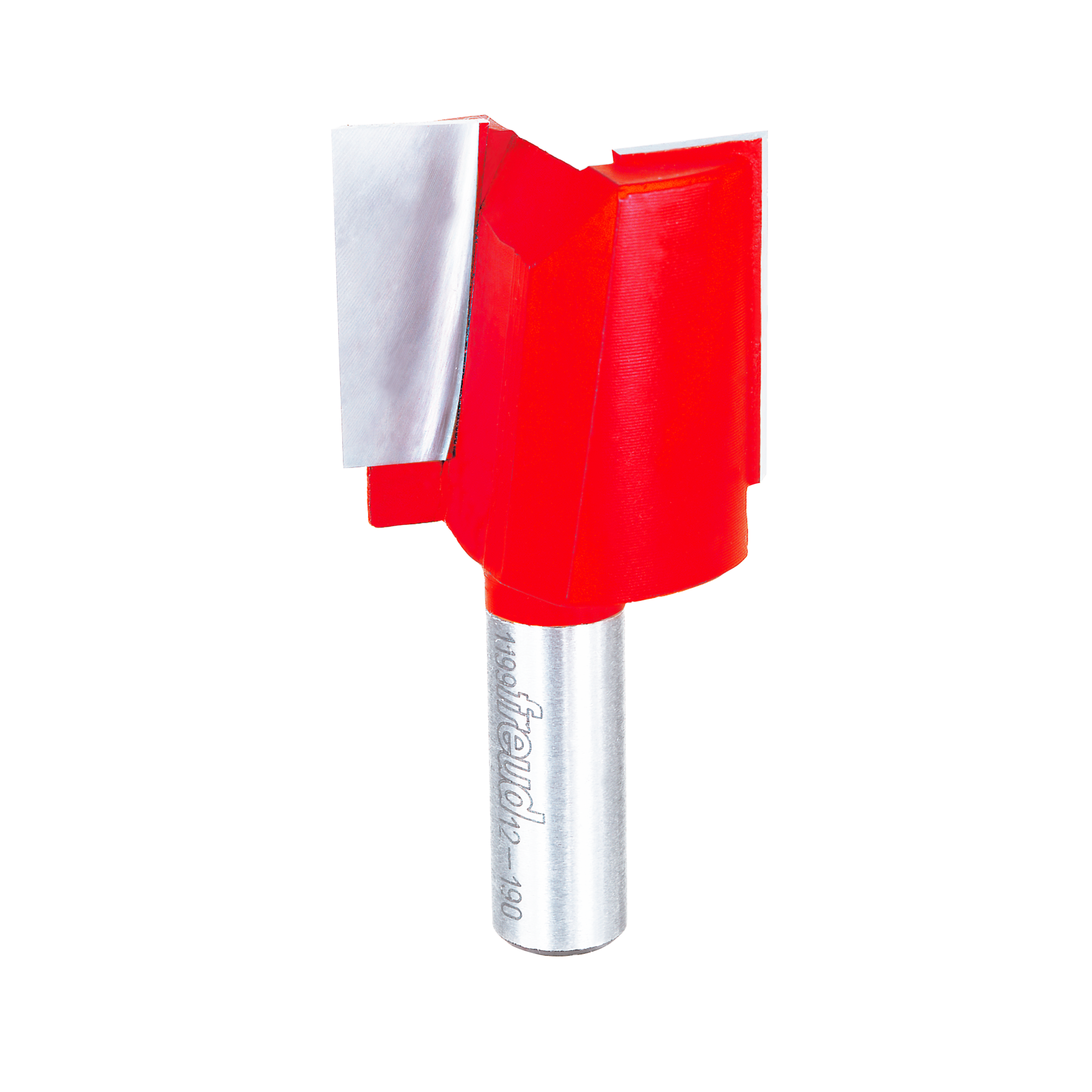 Red and silver router bit with double flutes and straight cutting edges on cylindrical shank.