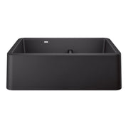 Anthracite double bowl apron farmhouse sink with low divide and rounded corners.