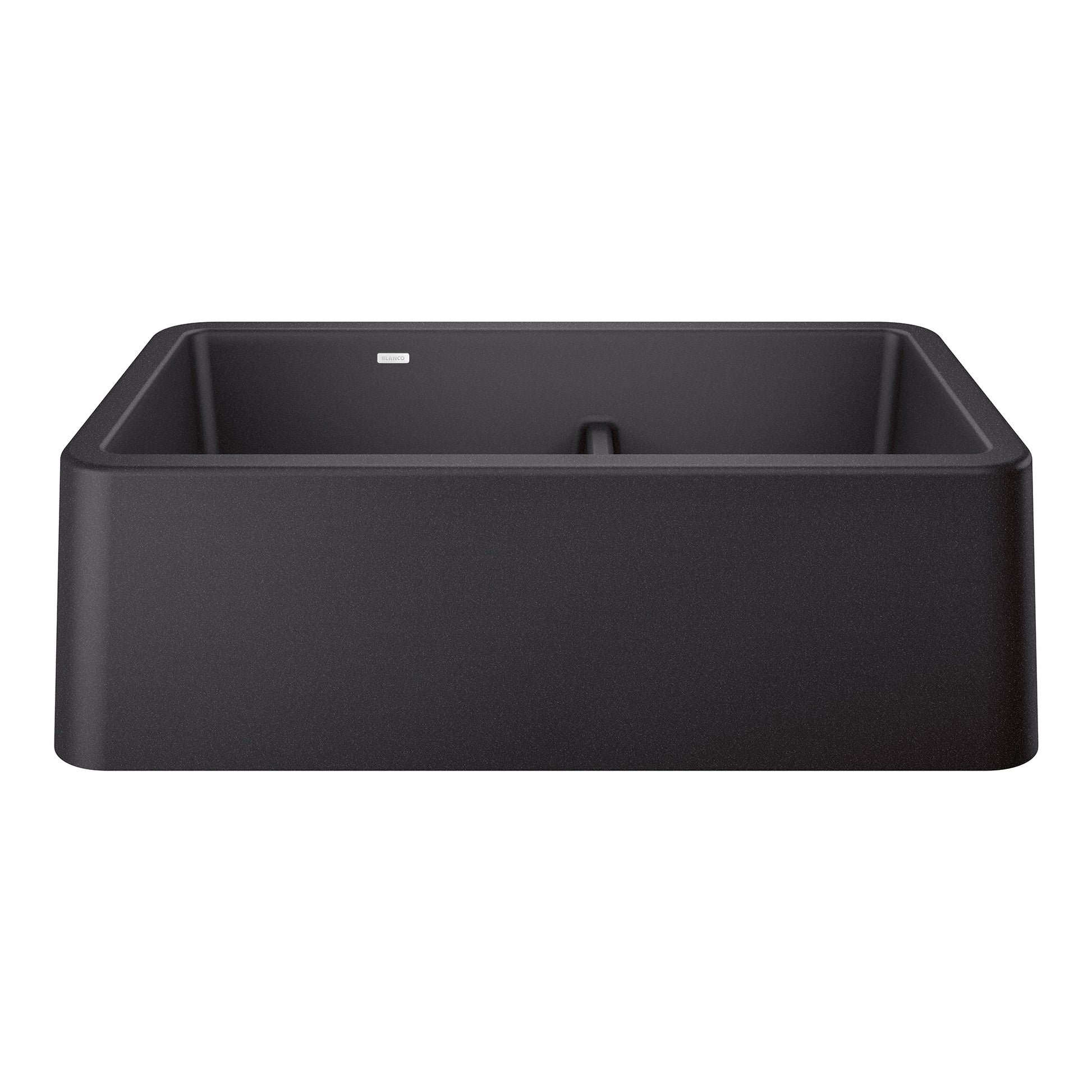 Anthracite double bowl apron farmhouse sink with low divide and rounded corners.