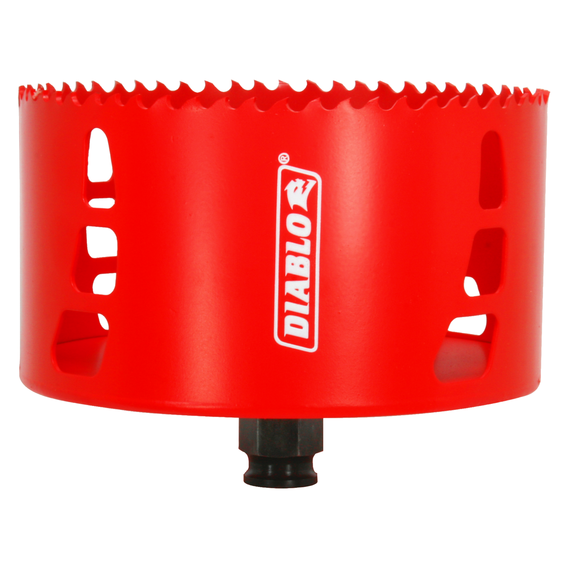 Red Diablo hole saw with serrated cutting edge and black arbor attachment base.