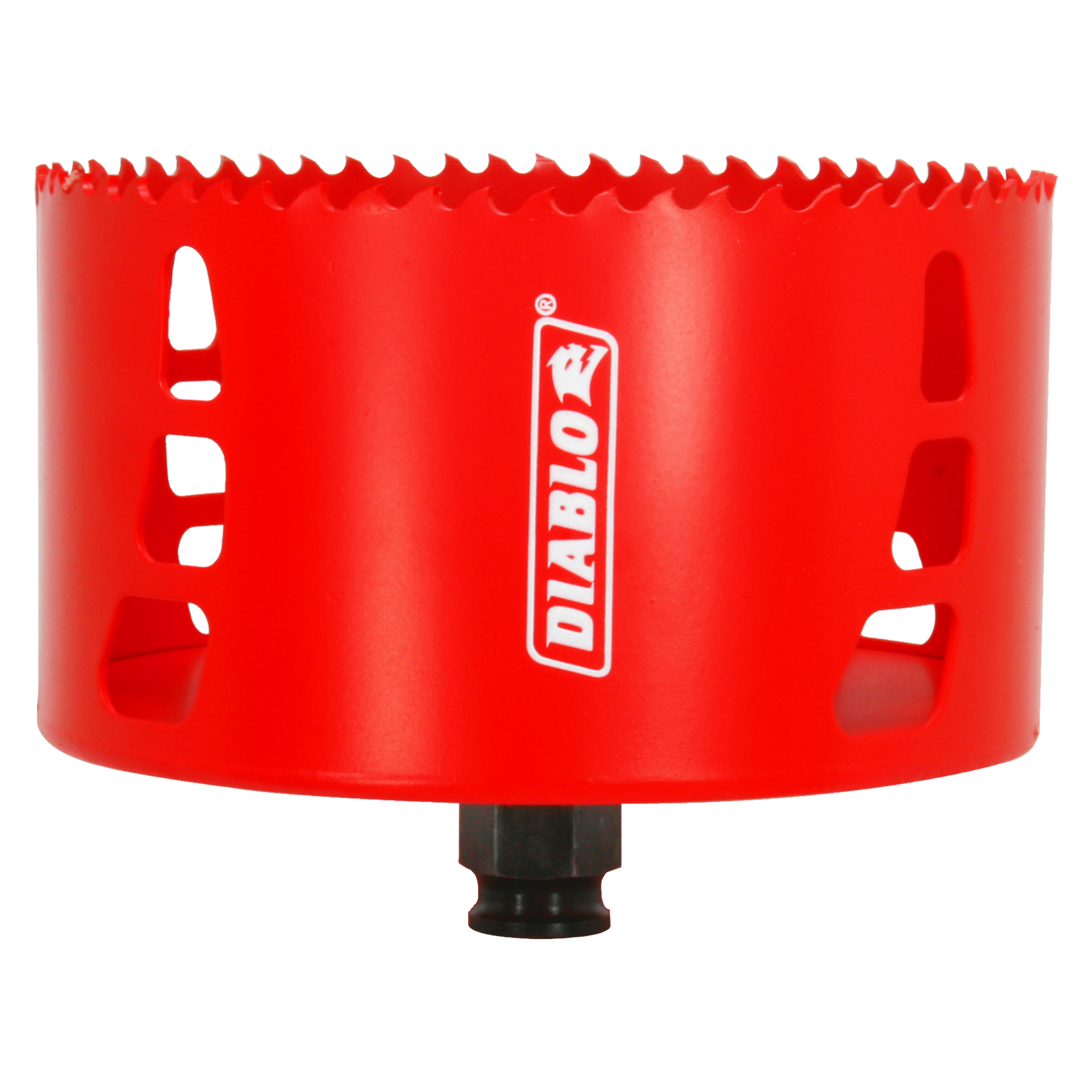 Red Diablo hole saw with serrated cutting edge and black arbor attachment base.