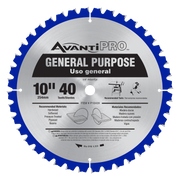 Avanti PRO 10-inch circular saw blade with 40 teeth, silver and blue design, general purpose cutting.