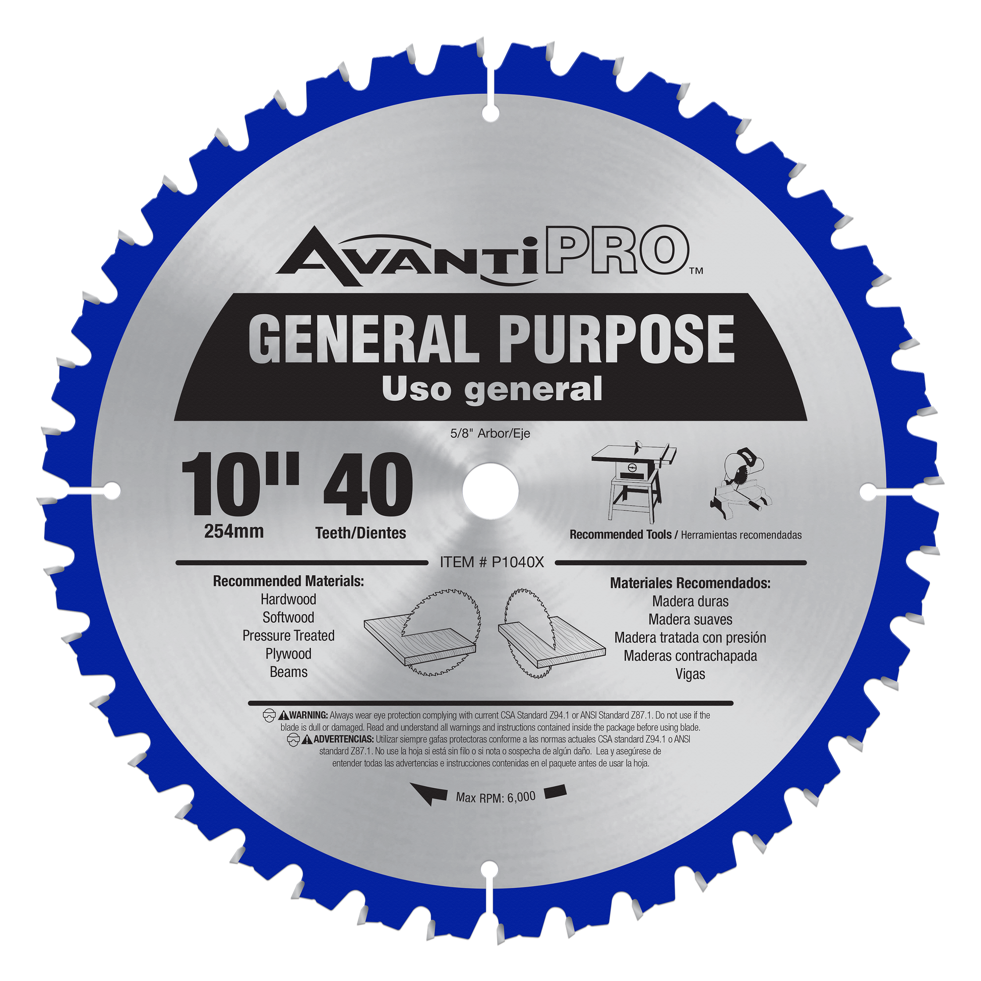 Avanti PRO 10-inch circular saw blade with 40 teeth, silver and blue design, general purpose cutting.