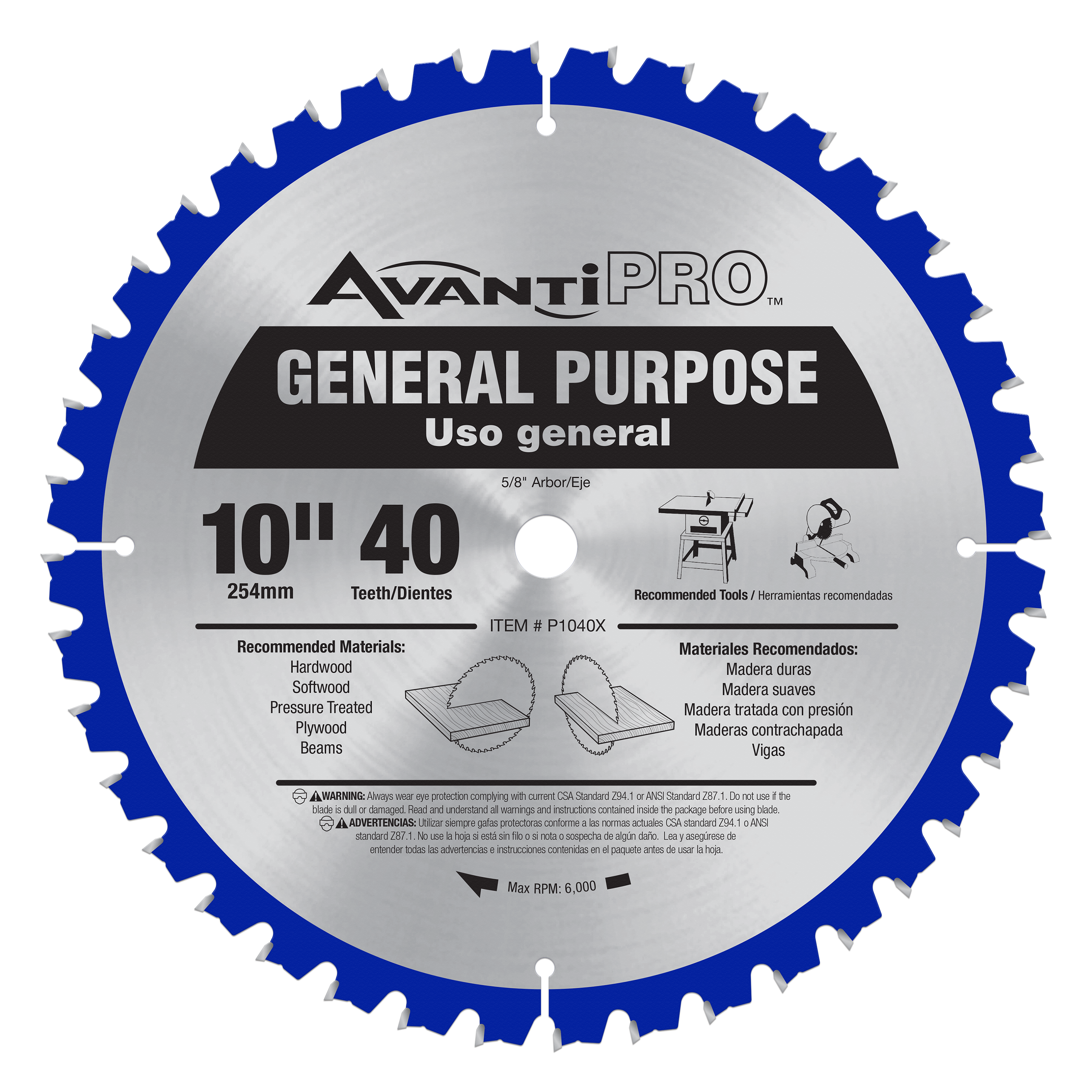 Avanti PRO 10-inch circular saw blade with 40 teeth, silver and blue design, general purpose cutting.
