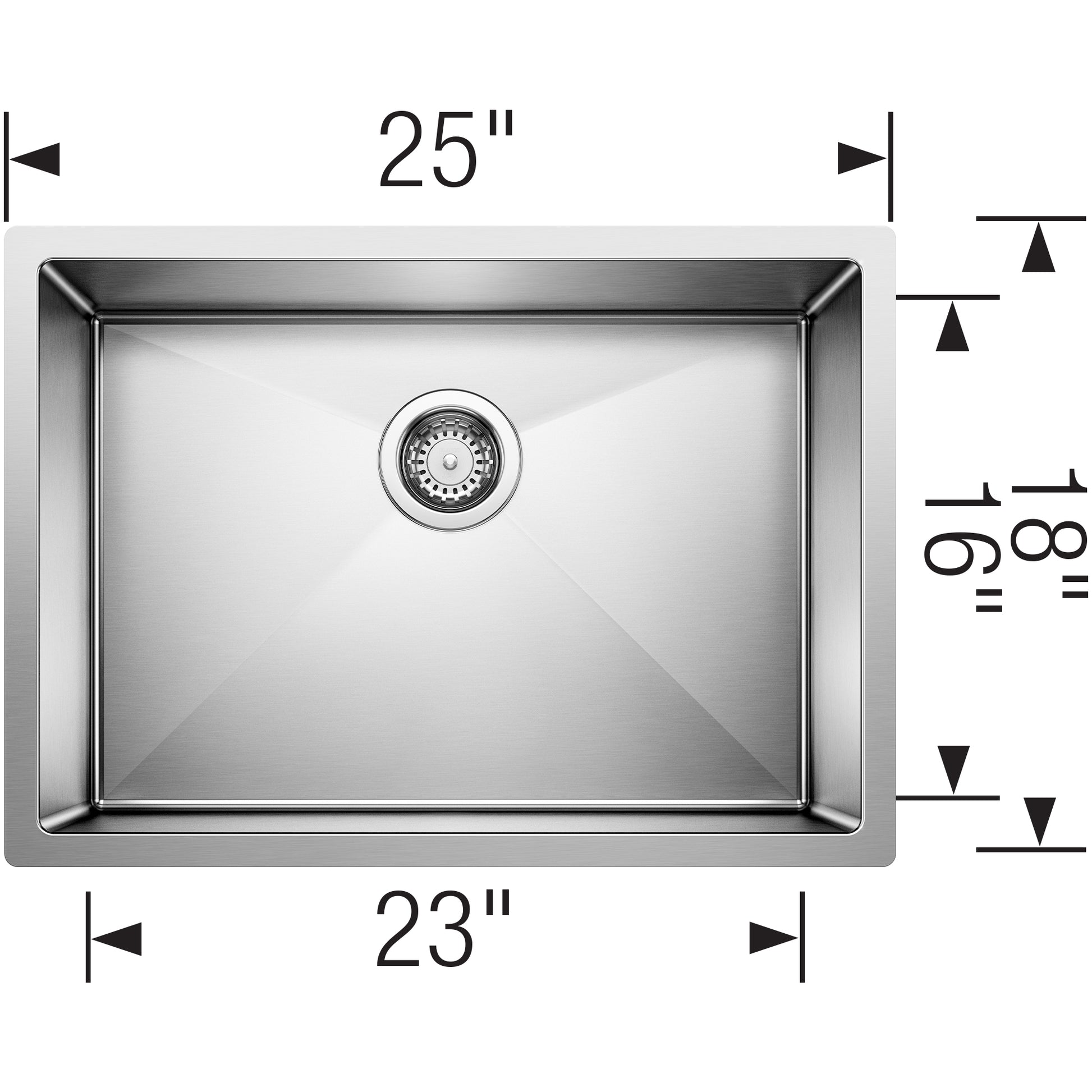 Stainless steel single bowl undermount sink with drain strainer, top view showing 25" width and 23" interior dimension.