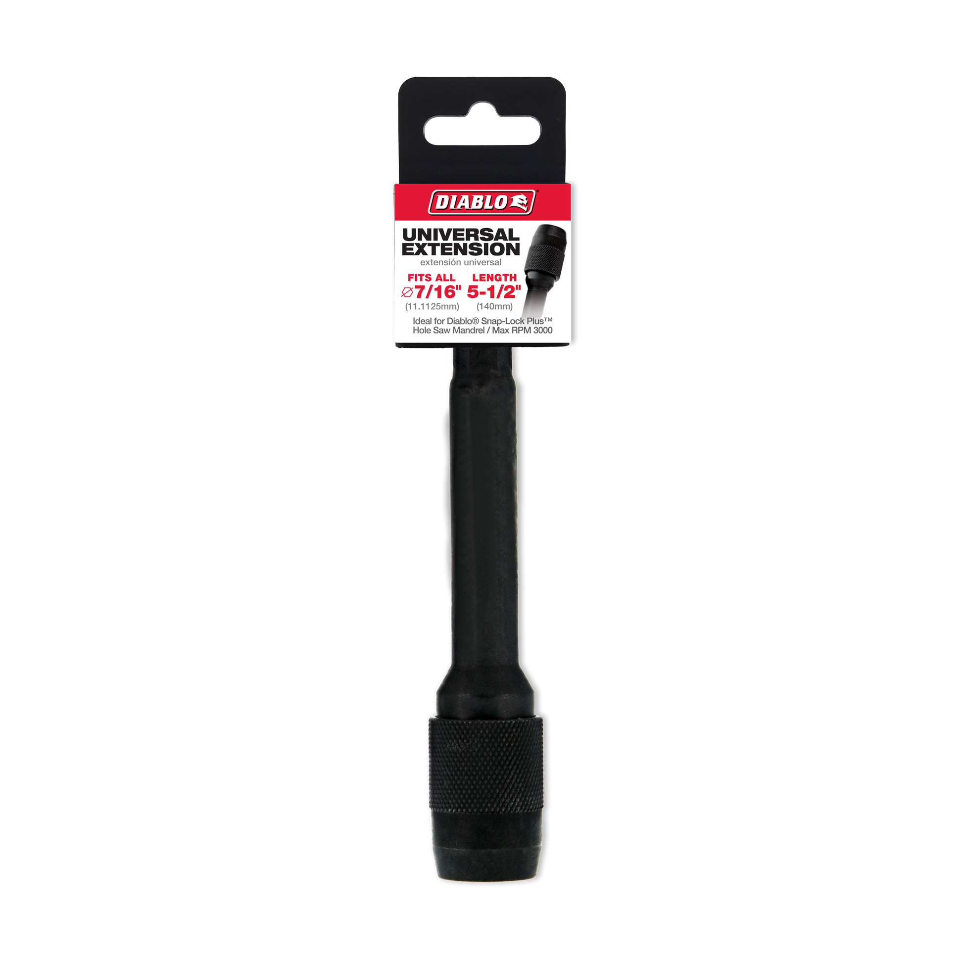 Black Diablo universal extension with 7/16 inch hex socket connector and packaging label.
