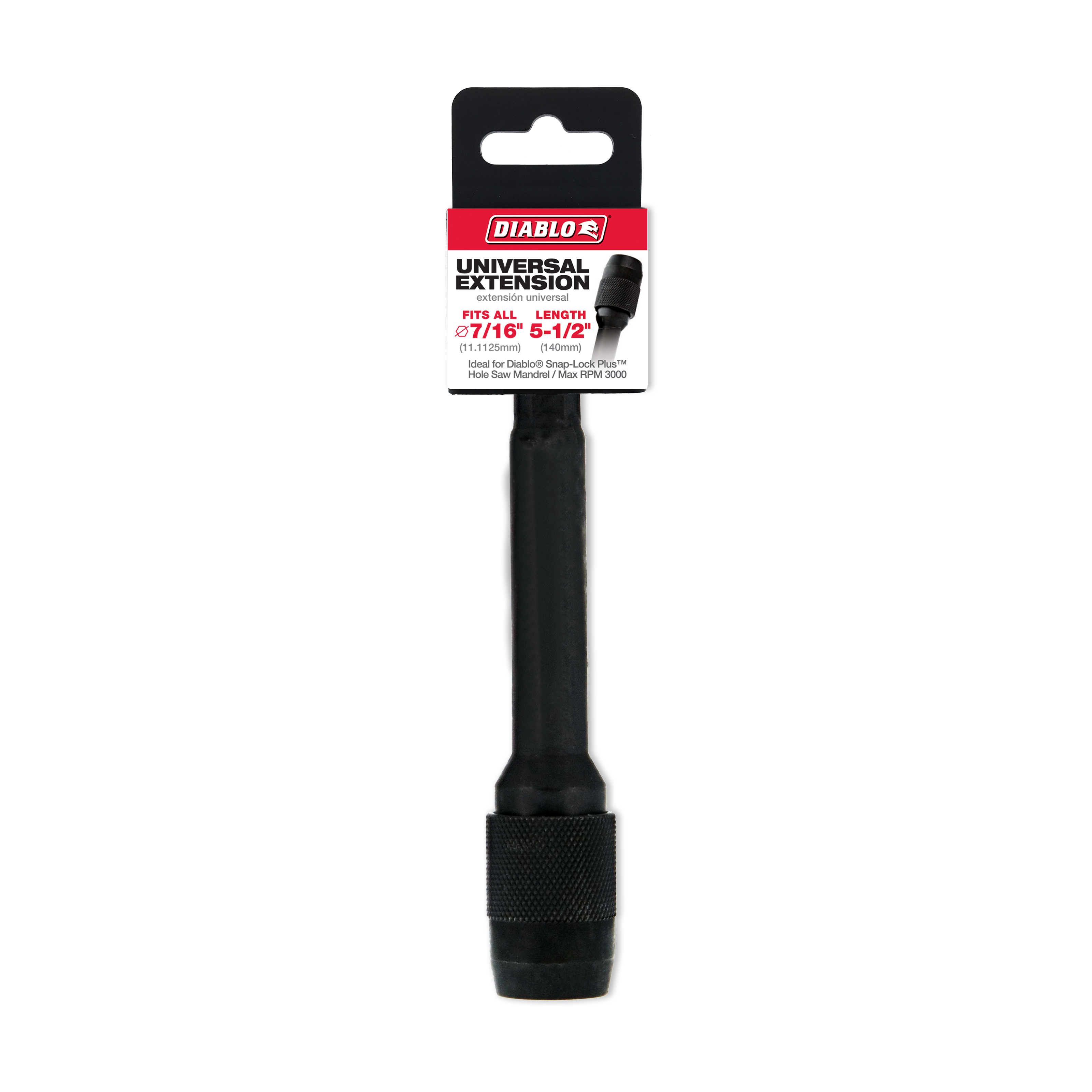 Black Diablo universal extension with 7/16 inch hex socket connector and packaging label.