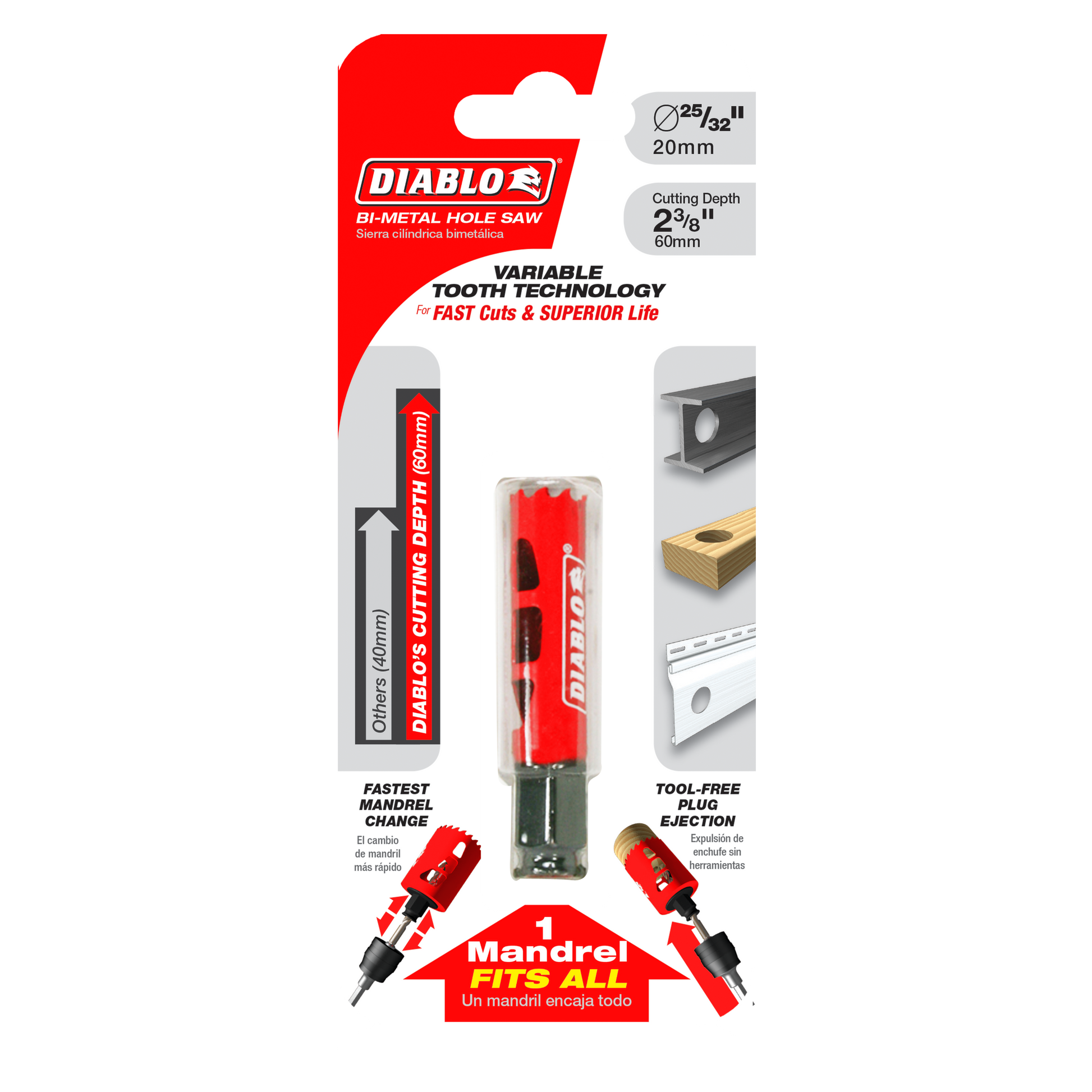 Diablo bi-metal hole saw with 25/32 inch diameter and 2-3/4 inch cutting depth, displayed in red packaging with mandrel and e