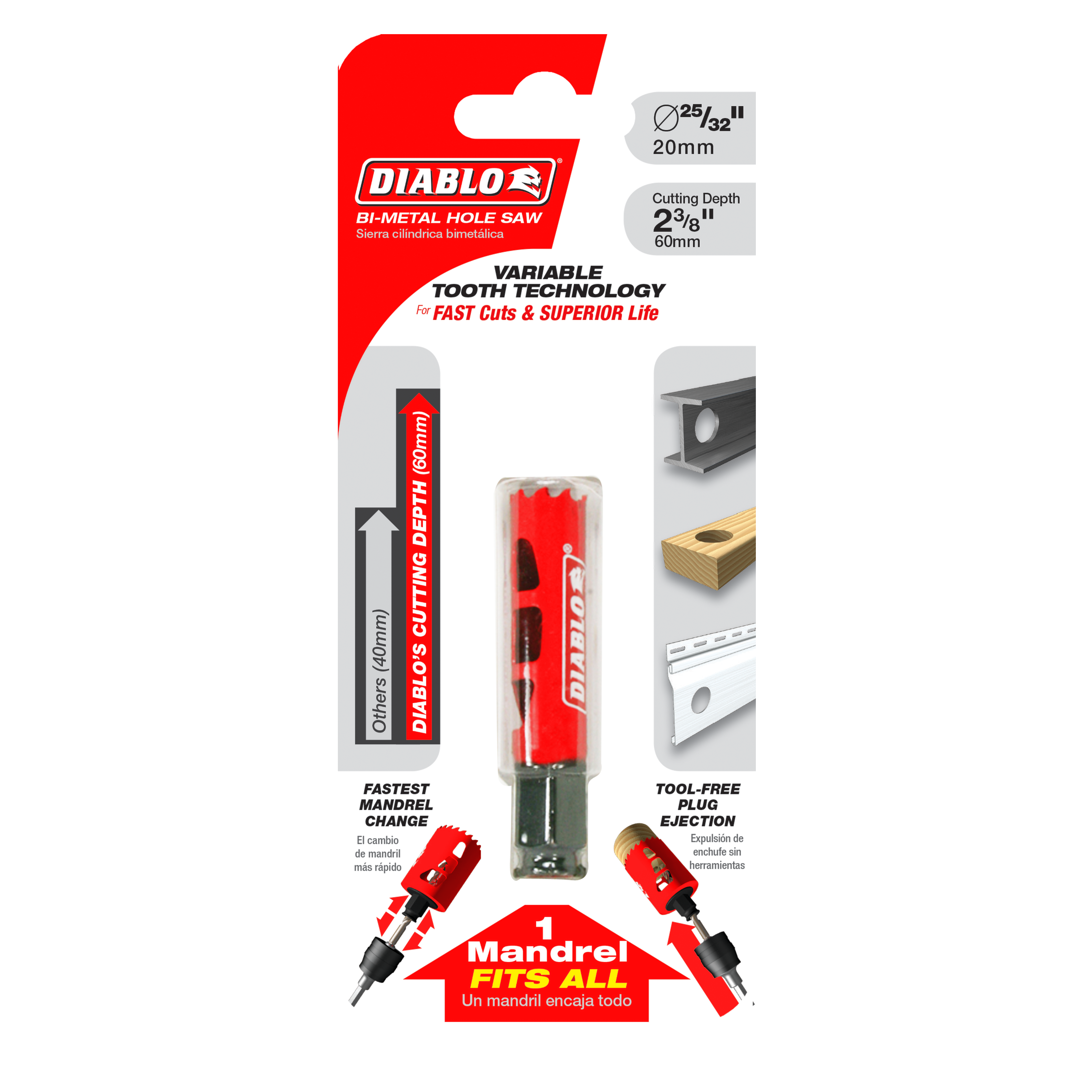 Diablo bi-metal hole saw with 25/32 inch diameter and 2-3/4 inch cutting depth, displayed in red packaging with mandrel and e