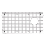 Stainless steel sink grid with square mesh pattern, circular drain opening, and black rubber feet on corners and edges.
