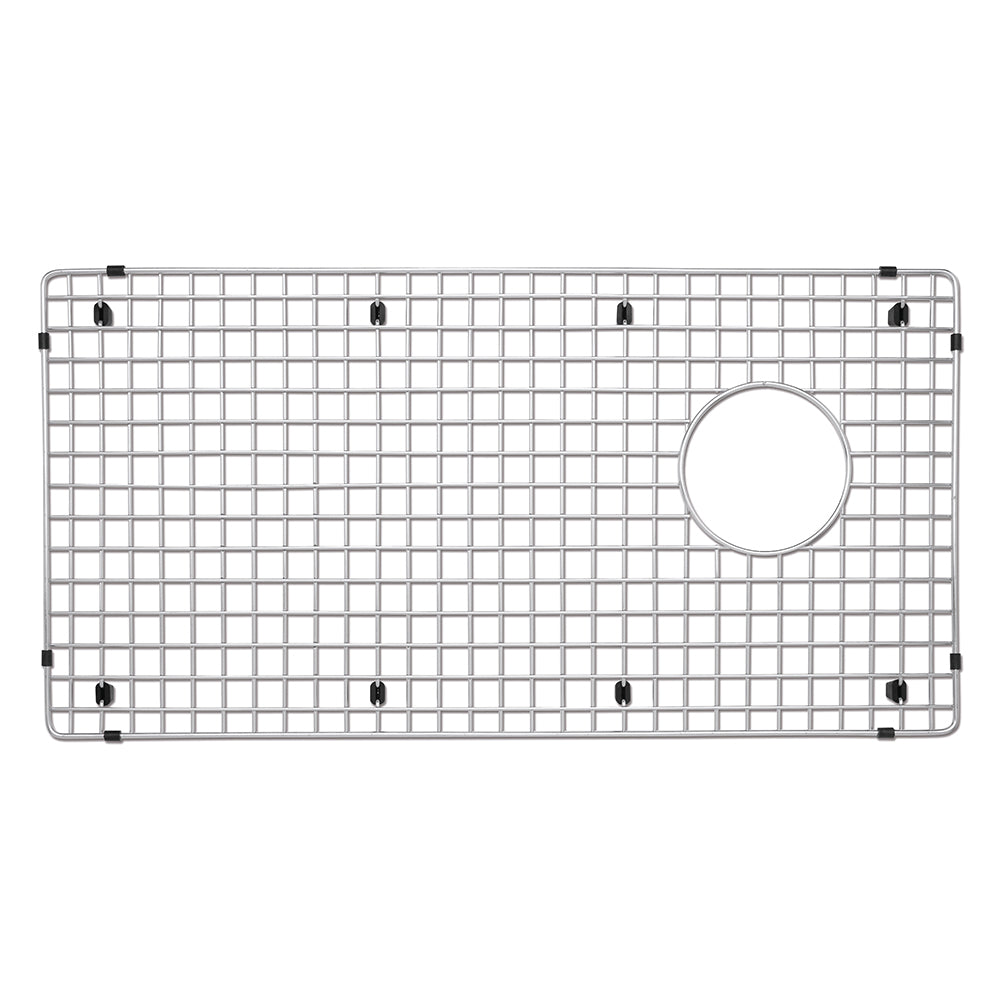 Stainless steel sink grid with square mesh pattern, circular drain opening, and black rubber feet on corners and edges.